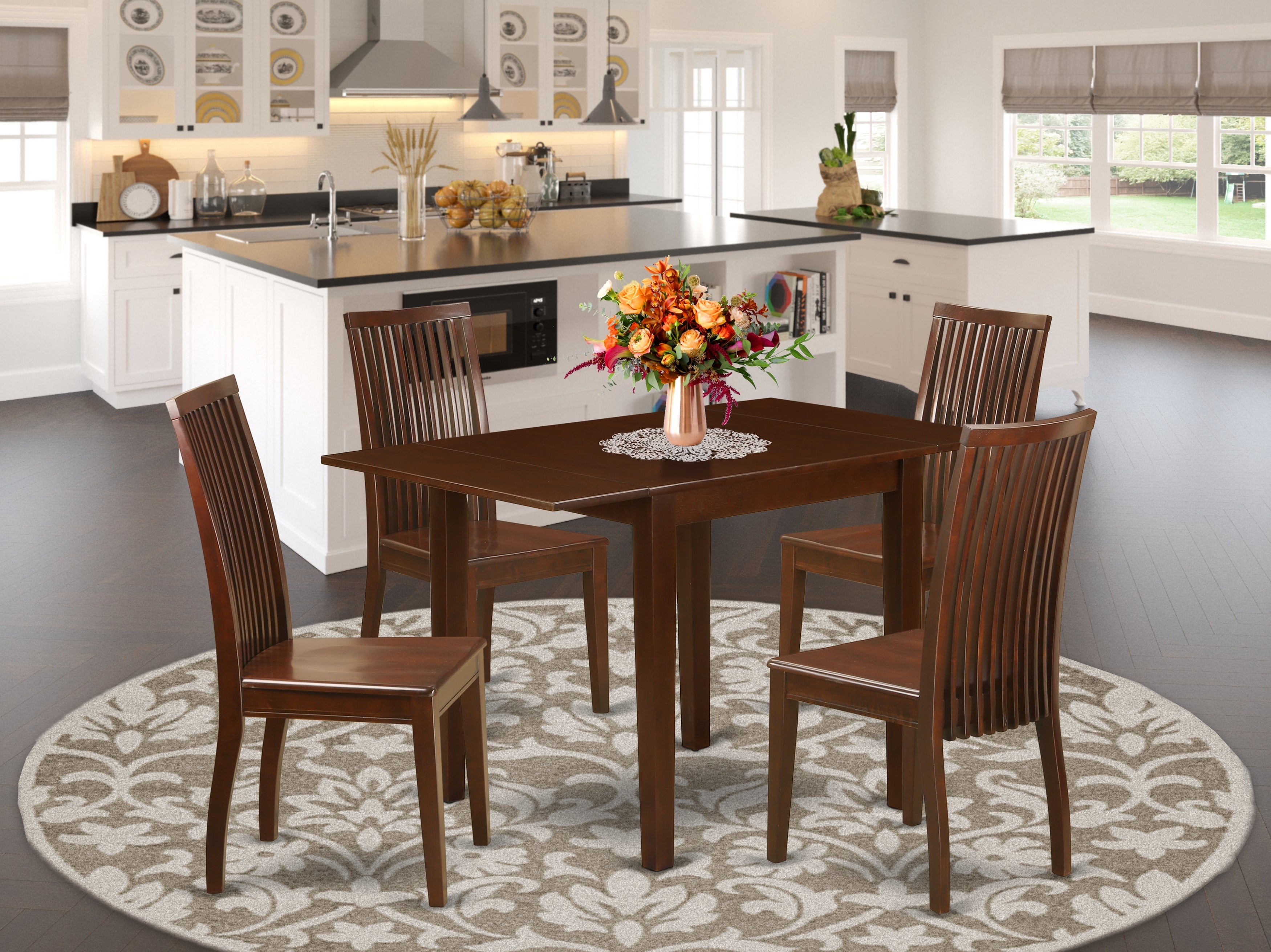 East West Furniture NDIP5-MAH-W 5Pc Dining Table Set Contains a Small Kitchen Table and 4 Dinette Chairs with Rubberwood Seat and Slat Back, Mahogany Finish