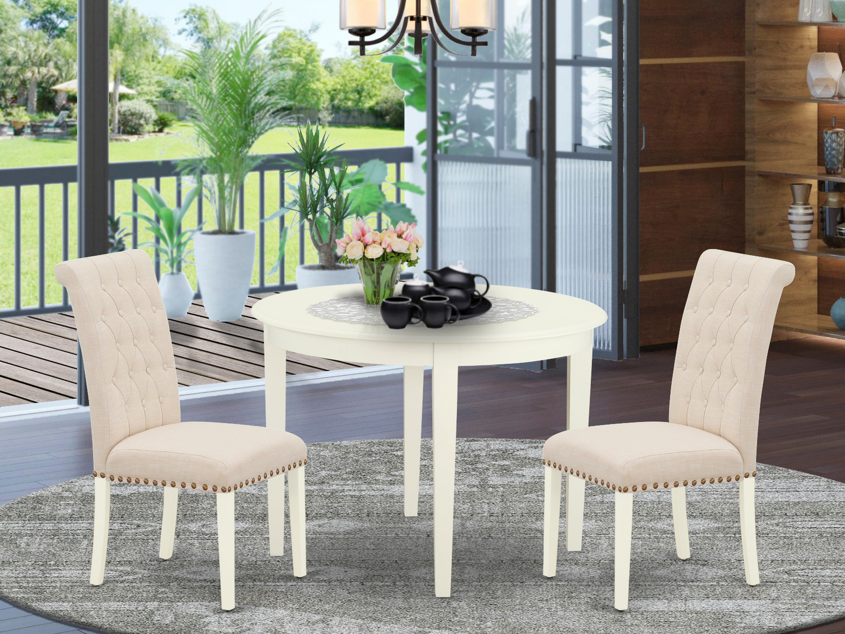 BOBR3-WHI-02 3Pc Dinette Set Includes a Small Rounded Kitchen Table and Two Parson Chairs with Light Beige Fabric, White Finish