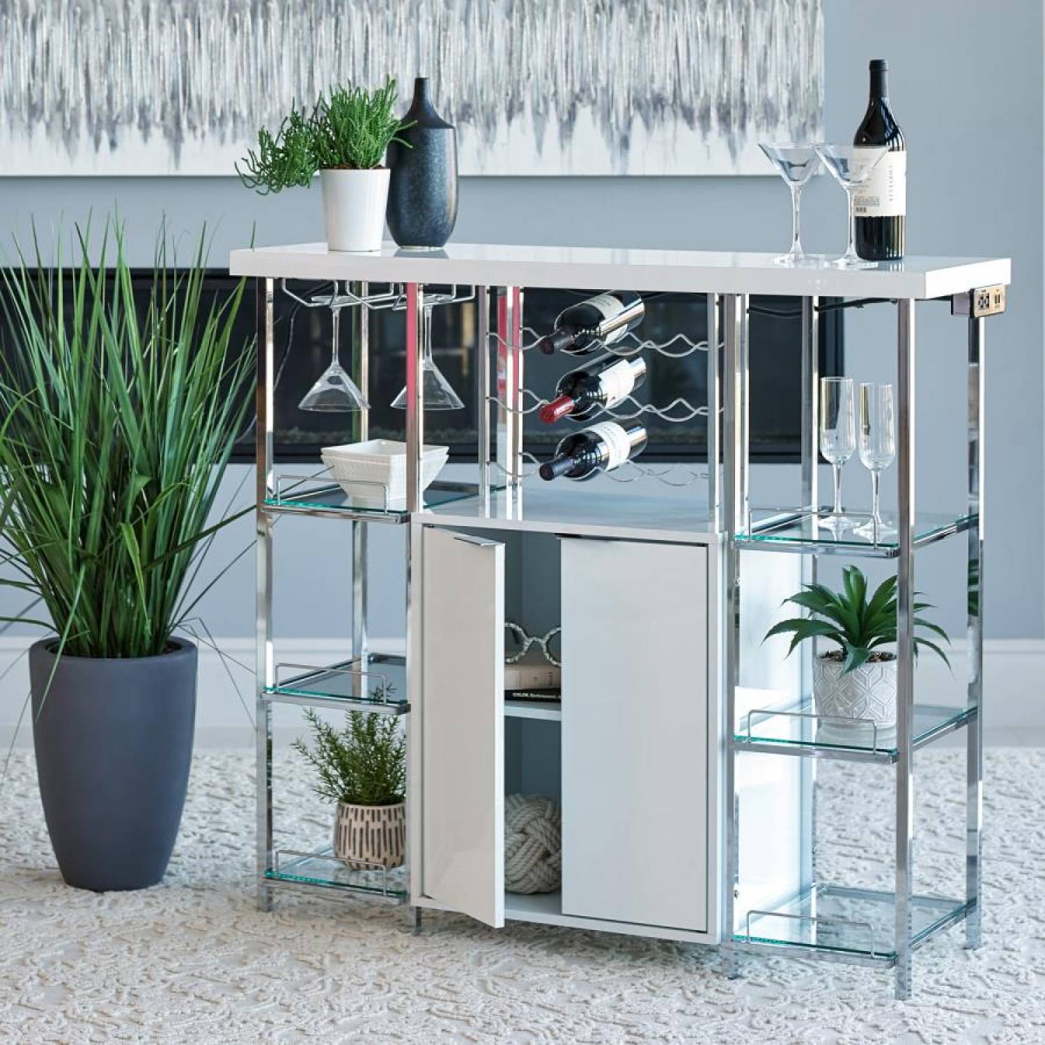 Modern 2- Door High Gloss White Chrome Wine Bar Cabinet with Power Outlet