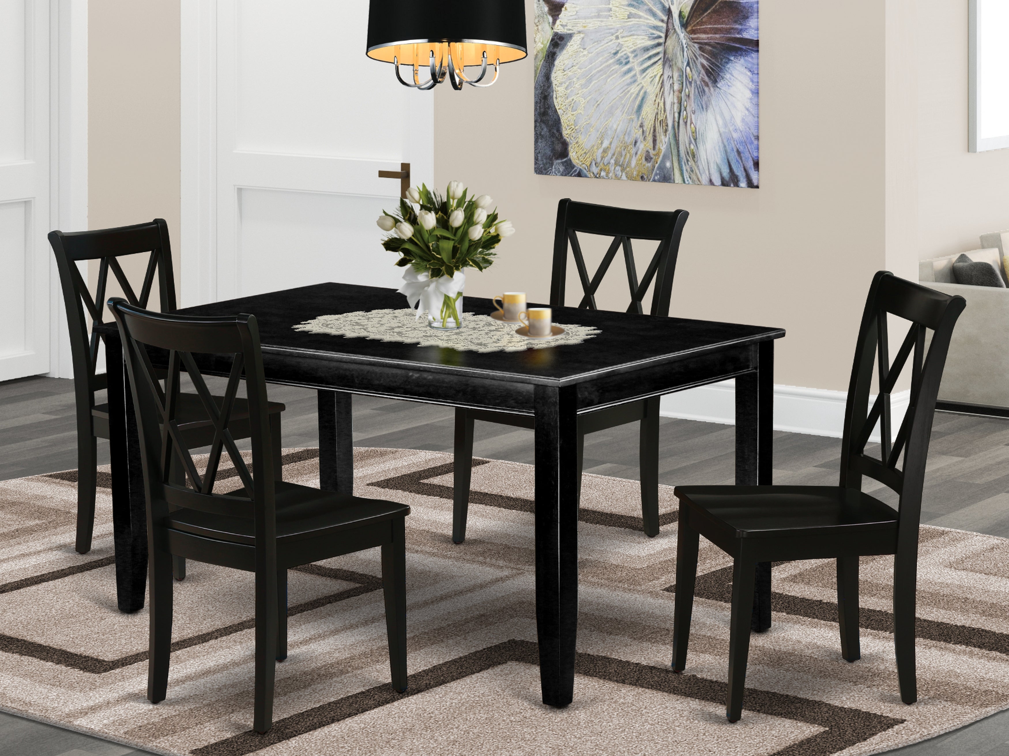 DUCL5-BLK-W 5Pc Rectangular 60 Inch Dinner Table And 4 Wood Seat Kitchen Chairs