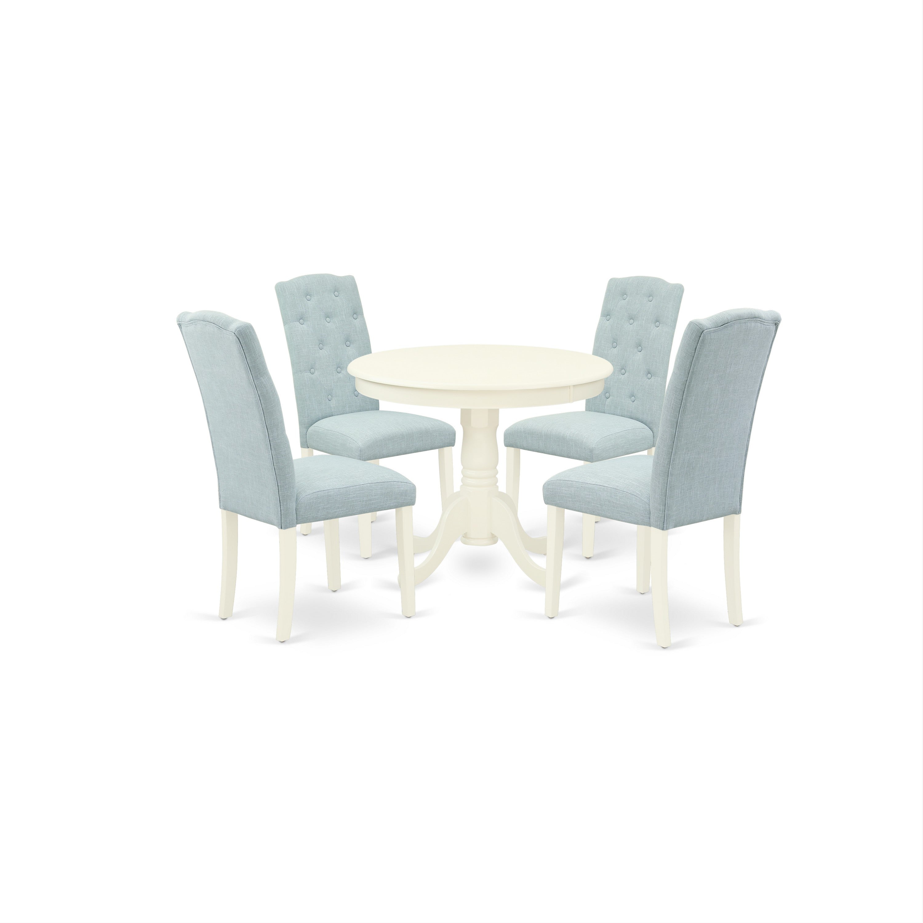 ANCE5-LWH-15 5Pc Dining Set Includes a Small Round Dinette Table and Four Parson Chairs with Baby Blue Fabric, Linen White Finish