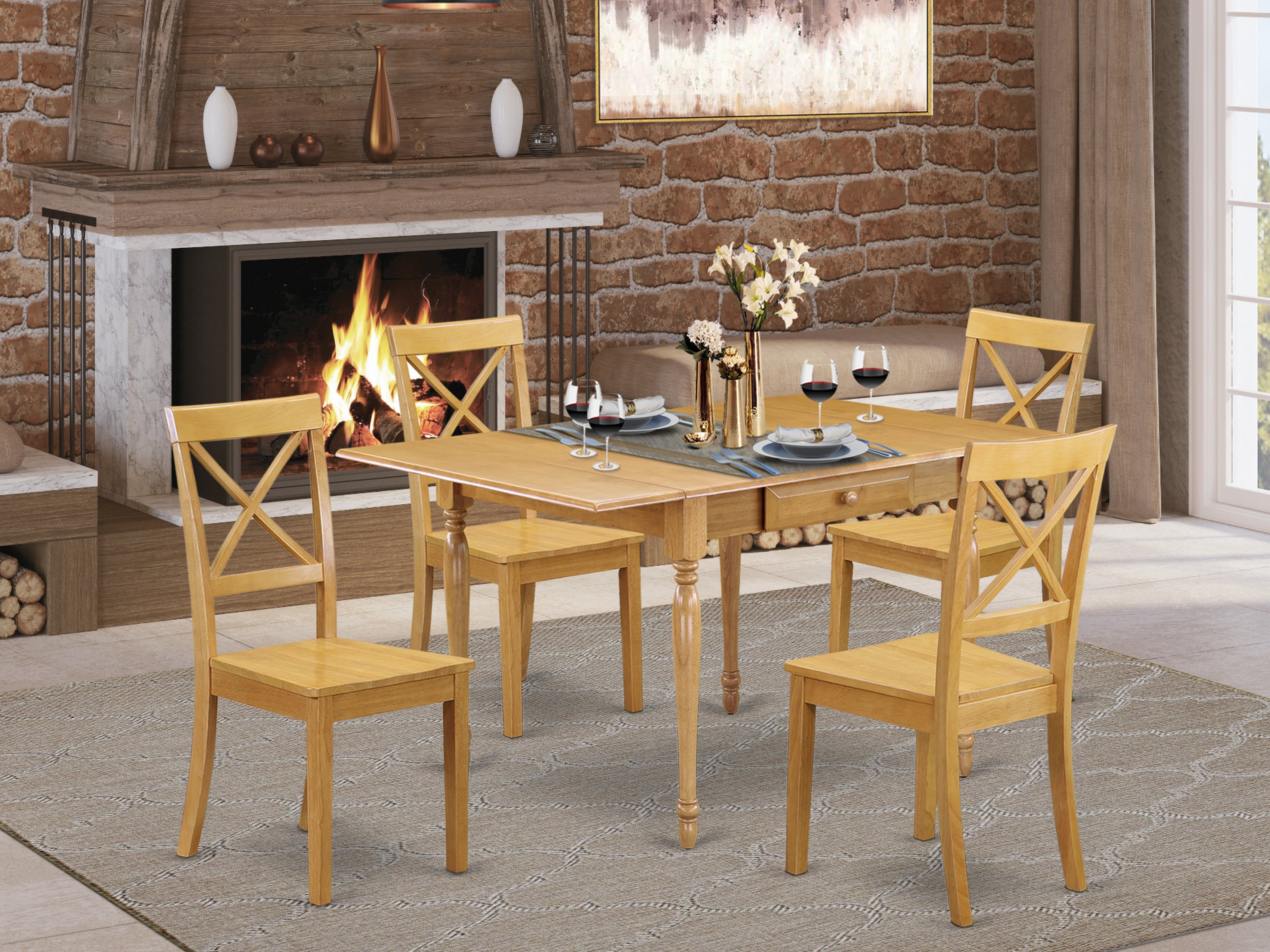 East West Furniture MZBO5-OAK-W 5Pc Wood Dining Table Set Contains a Small Table and 4 Wood Dining Chairs with Solid Wood Seat, Drop Leaf Table with X Back Chairs, Oak Finish