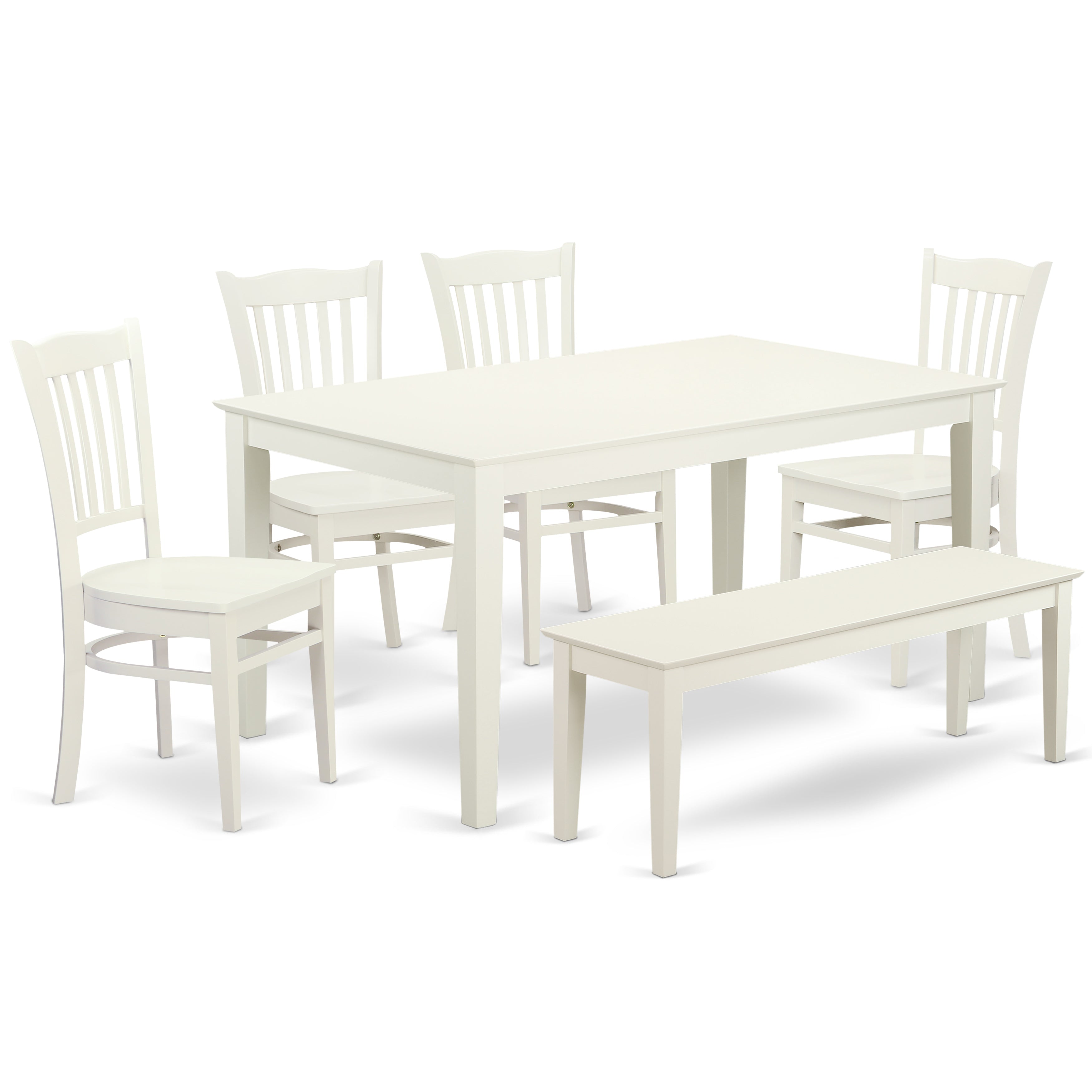 CAGR6-LWH-W 6 Piece dining for 6-Dining room table and 4 Wood Seat Chairs and One Benches in Linen White