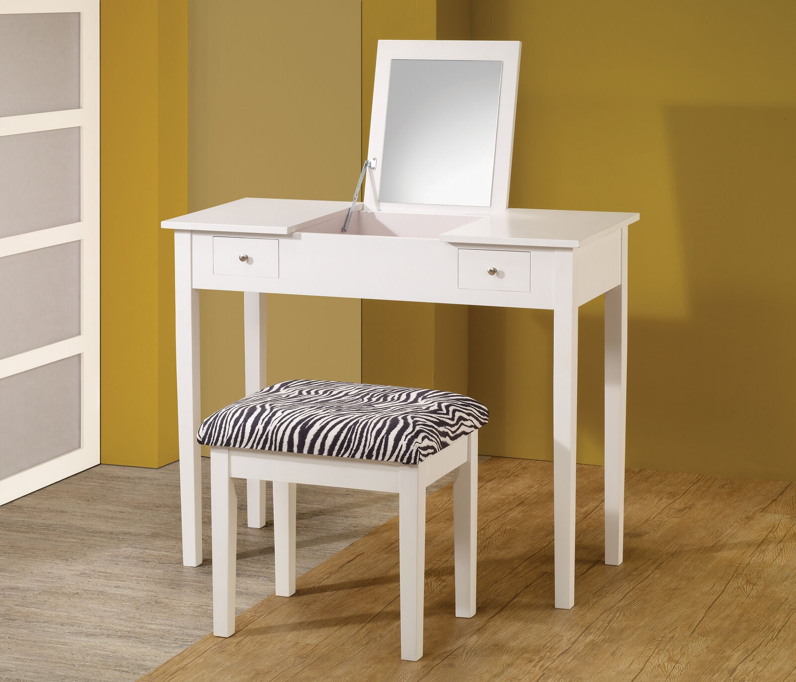 Transitional 2-Piece Vanity Dressing Table Set White And Zebra