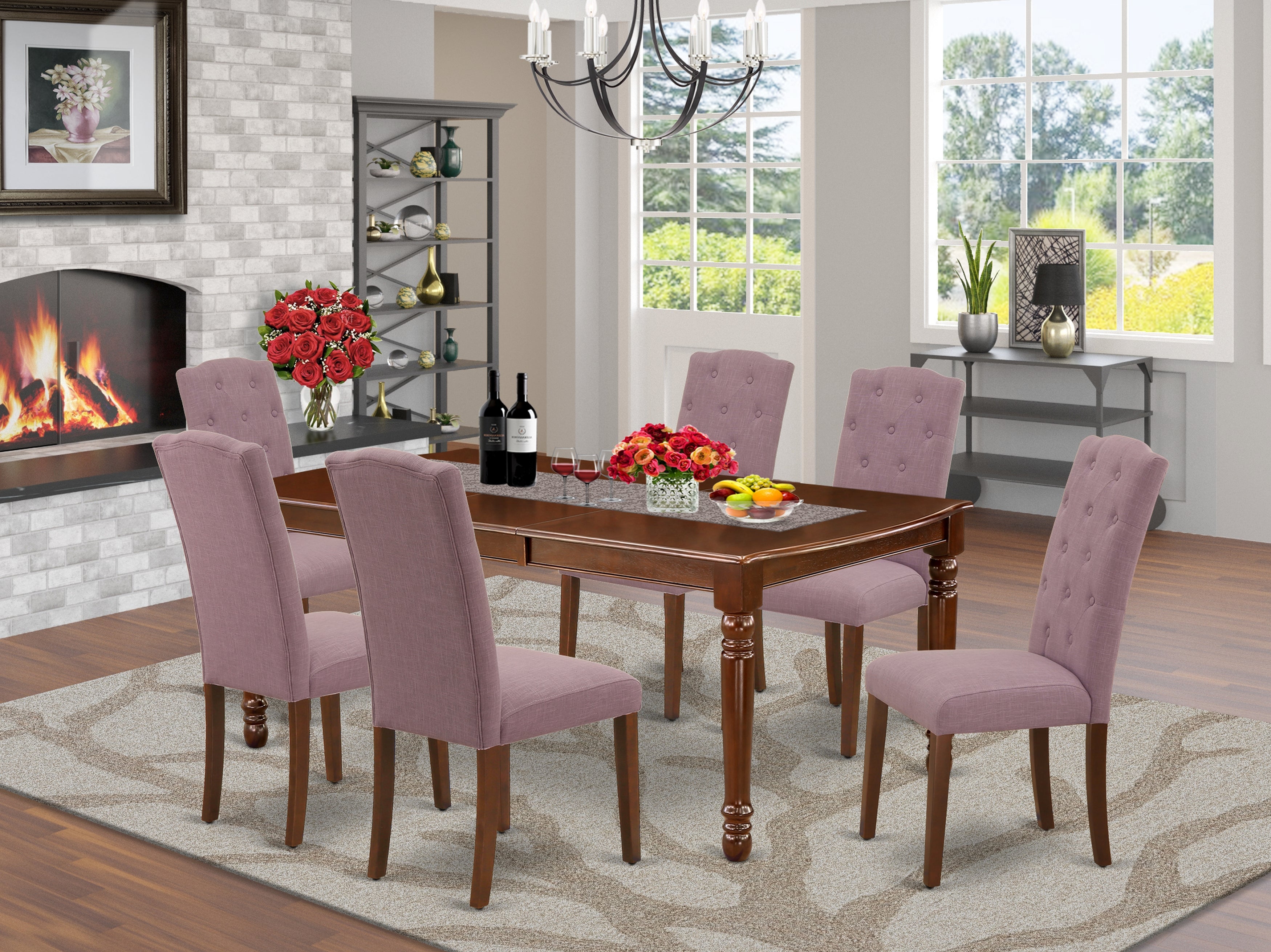 DOCE7-MAH-10 7Pc Dinette Set Includes a Rectangular Kitchen Table with Butterfly Leaf and Six Parson Chairs with Dahlia Fabric, Mahogany Finish