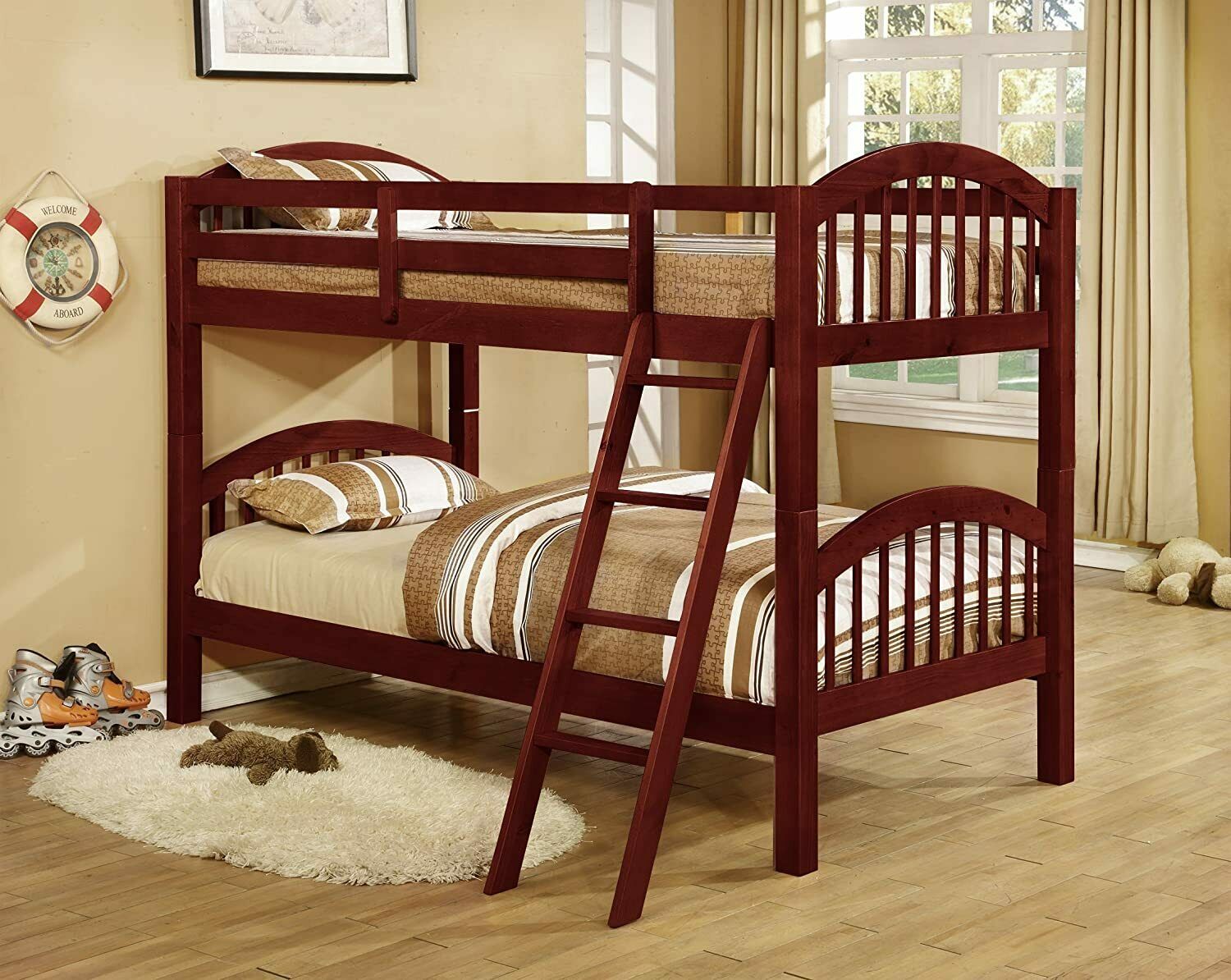 Wood Arched Design Convertible Twin Over Twin Bunk Bed Cherry Finish