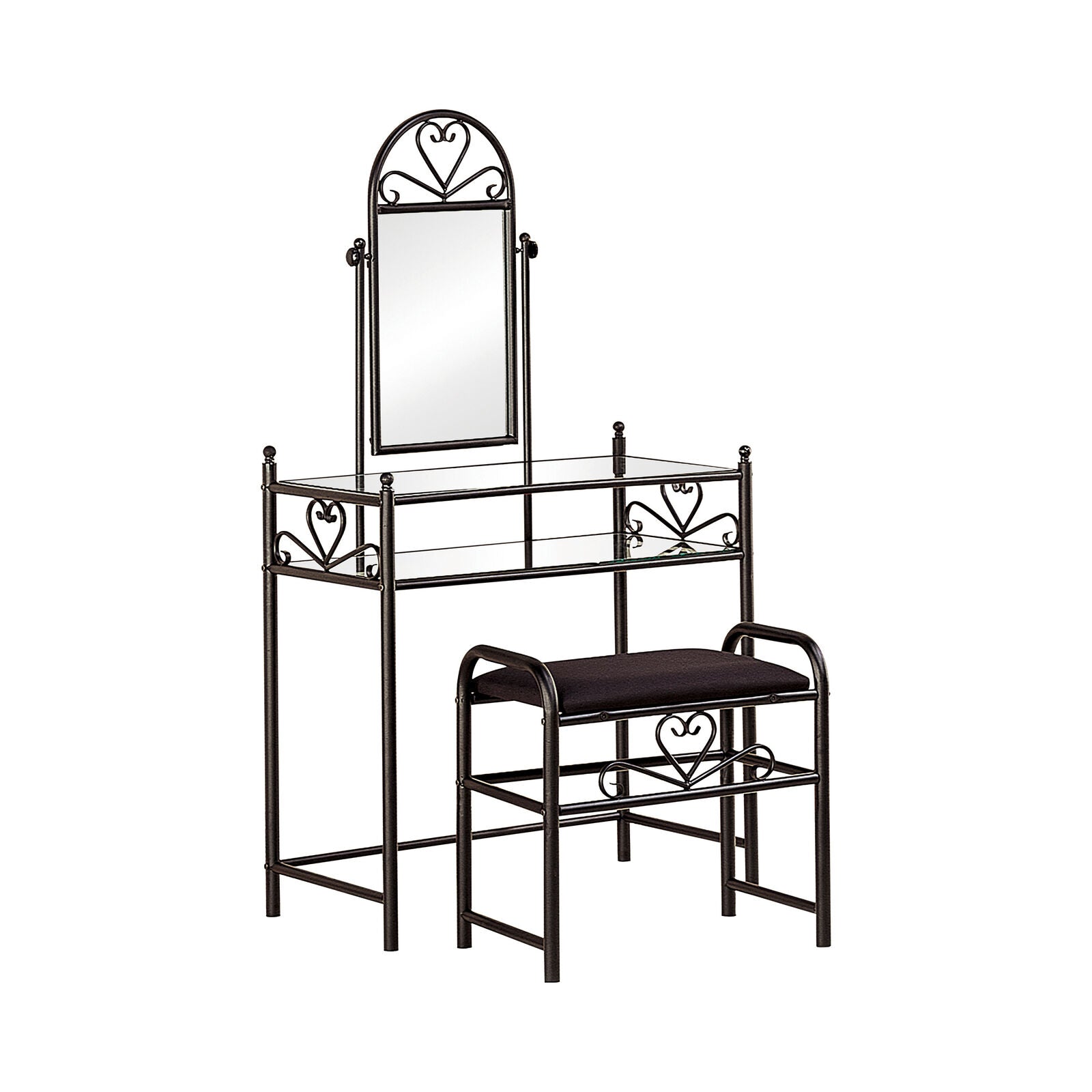 Coaster 2-Piece Heart Shape Metal Vanity Set With Glass Top and Shelf Black 2432