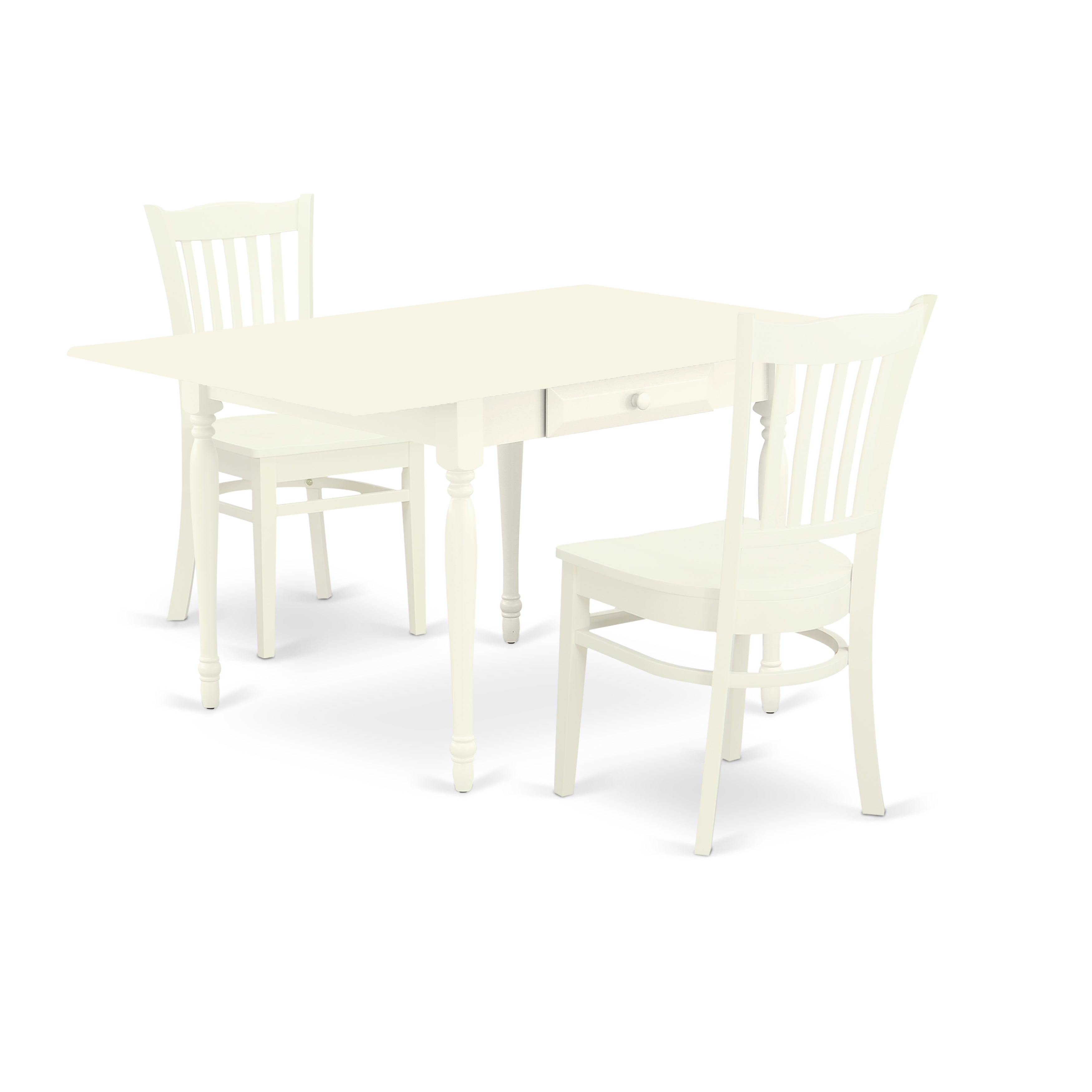 East West Furniture MZGR3-LWH-W 3 Pc Kitchen Table set - Robust Two 9-Inch Drop Down Leaves Solid Wood Dinette Table and 2 Wooden Seat Dining Chairs, Linen White Finish