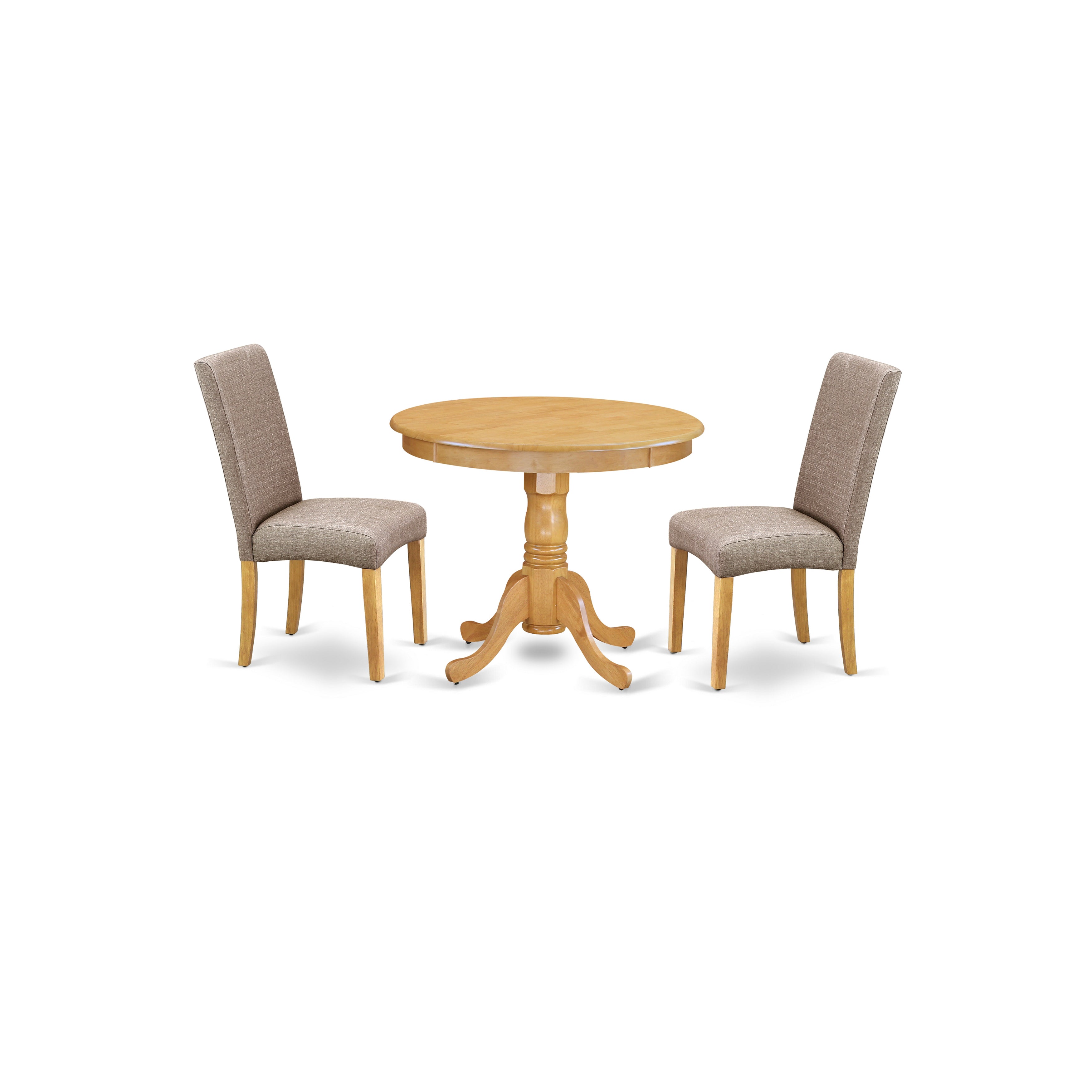 ANDR3-OAK-16 3Pc Round 36" Table And A Pair Of Parson Chair With Oak Finish Leg And Linen Fabric- Dark Khaki Color