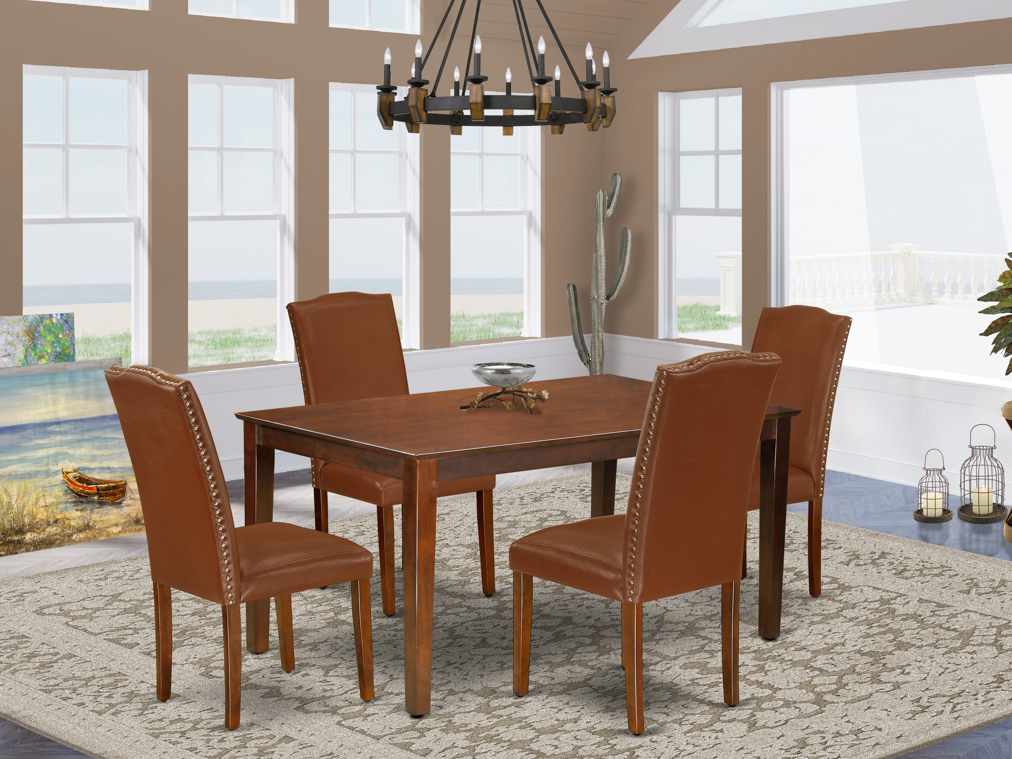 CAEN5-MAH-66 5Pc Rectangle 60" Dining Room Table And 4 Parson Chair With Mahogany Leg And Brown Flaux Leather