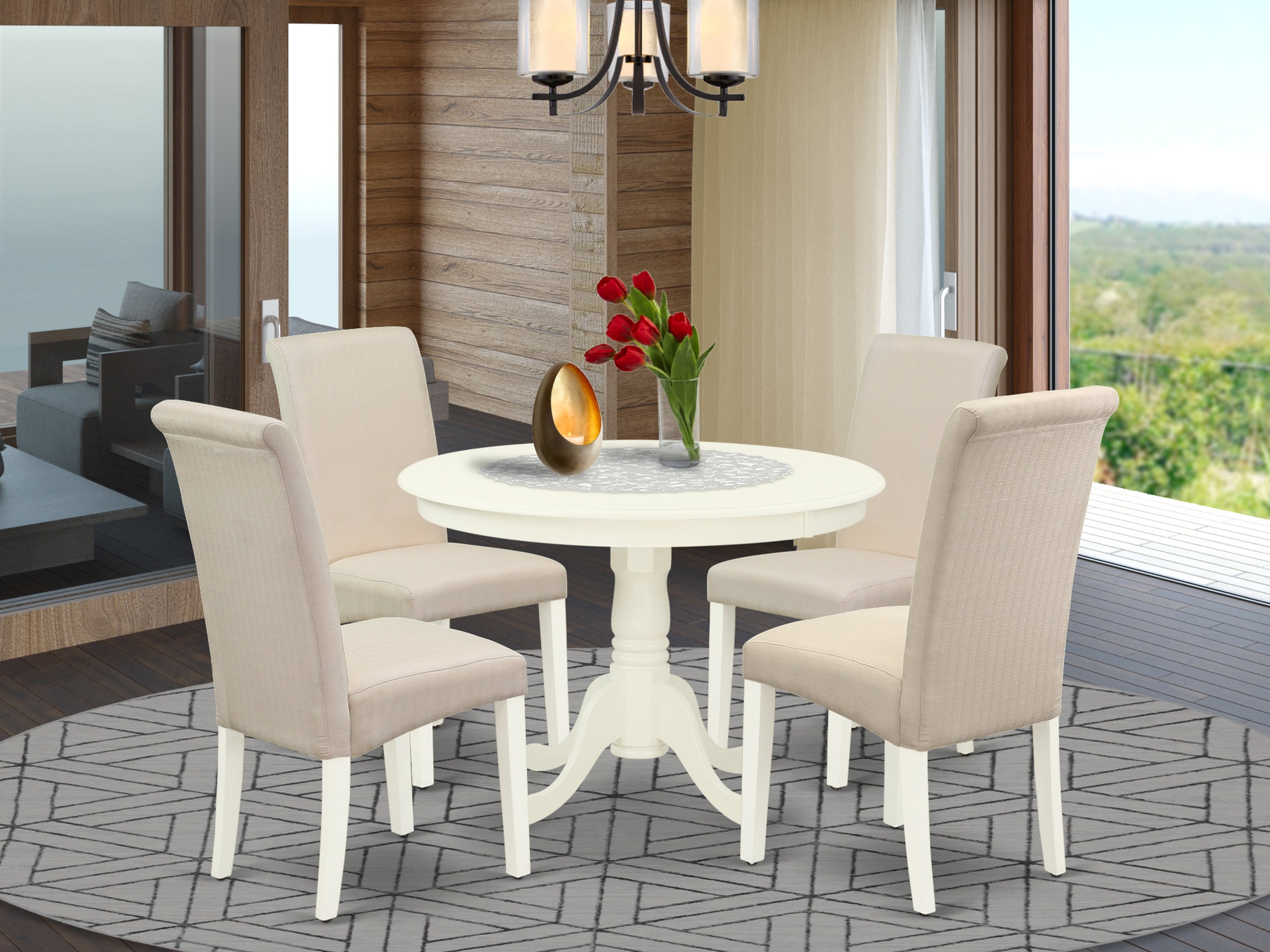 HLBA5-LWH-01 5Pc Dining Set Includes a Round Dinette Table and Four Parson Chairs with Cream Fabric, Linen White Finish