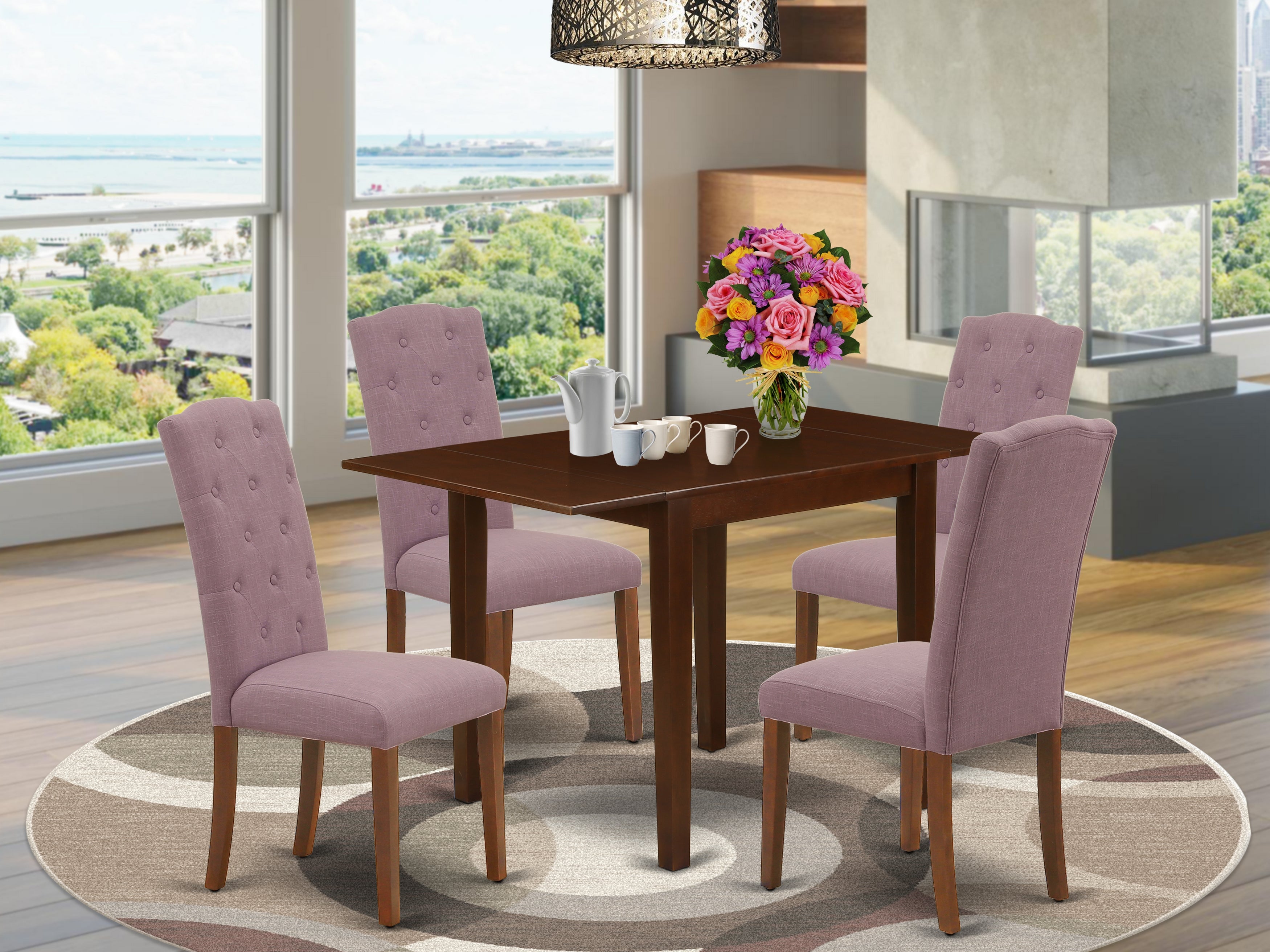 East West Furniture NDCE5-MAH-10 Dining Set 5 Pc - 4 Kitchen Chairs and a Wooden Table - Mahogany Finish Solid wood - Dahlia Color Linen Fabric