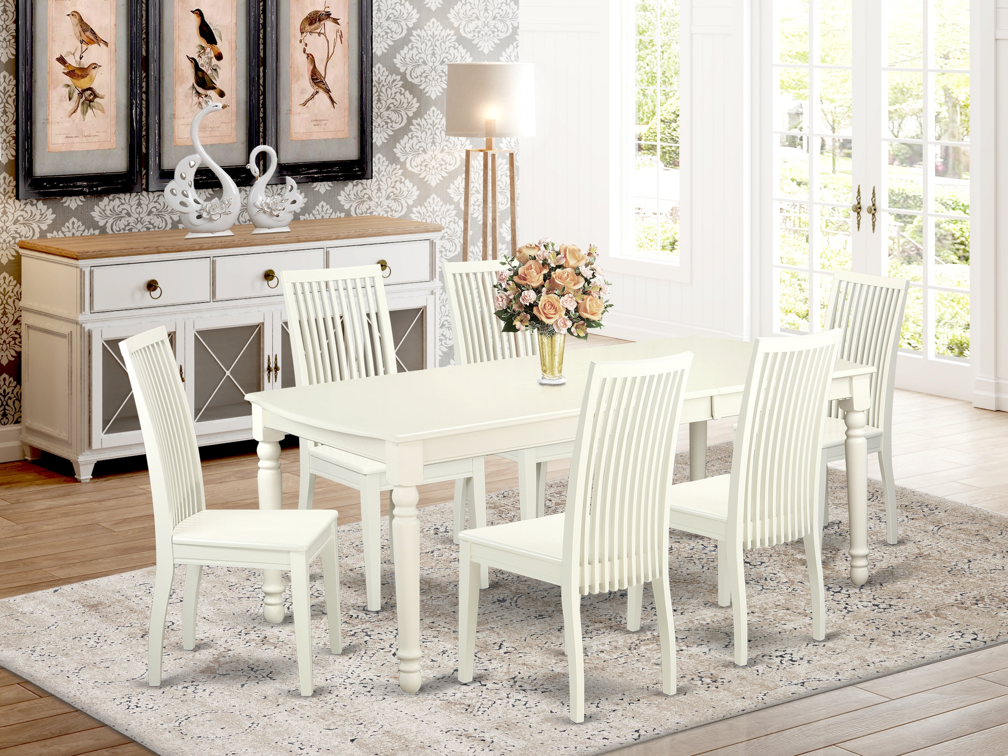 DOIP7-LWH-W 7-Piece table and chair set with one Dover dining room table and 6 dining room chairs in a Linen White Finish