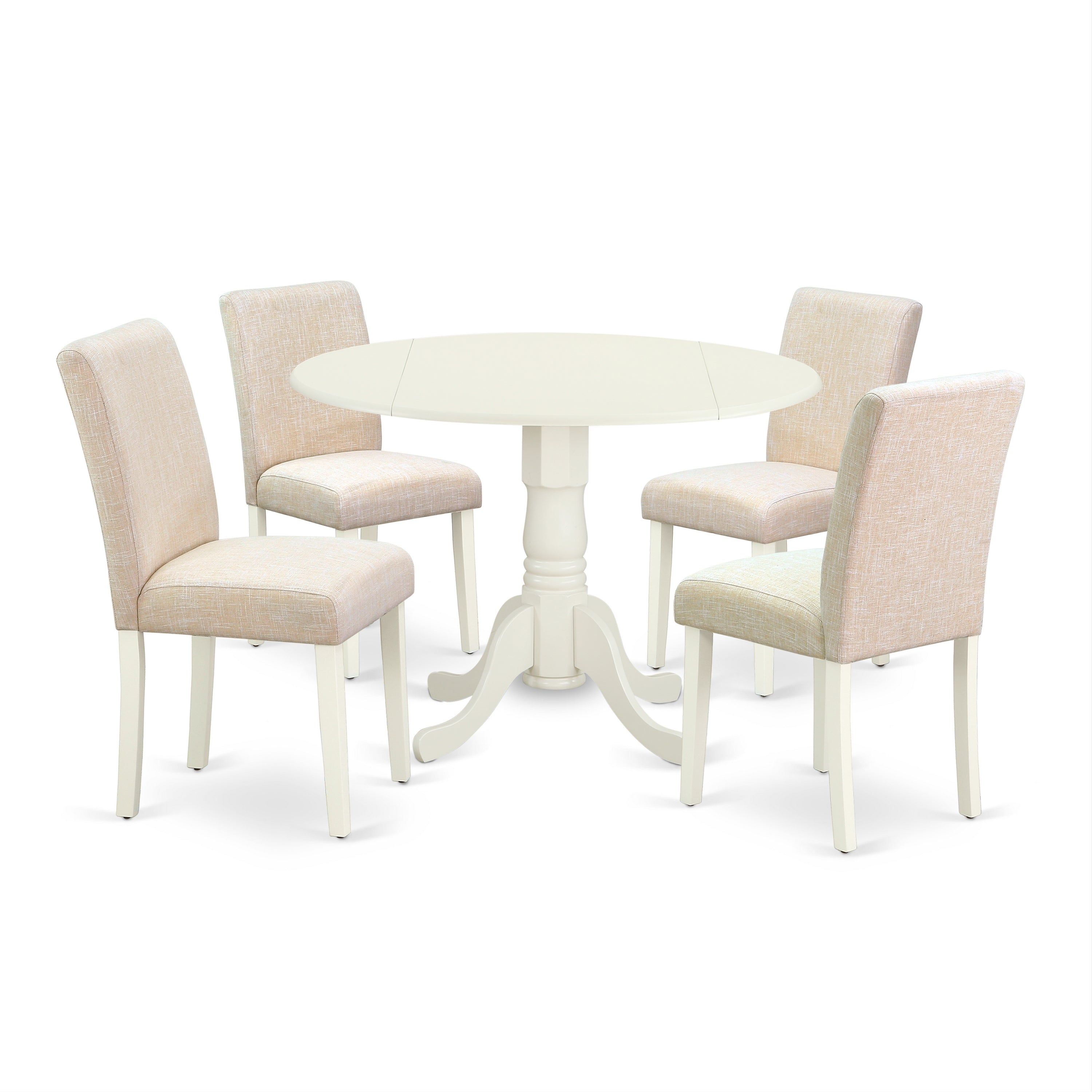 DLAB5-LWH-02 5Pc Round 42" Kitchen Table With Two 9-Inch Drop Leaves And Four Parson Chair With Linen White Leg And Linen Fabric Light Beige