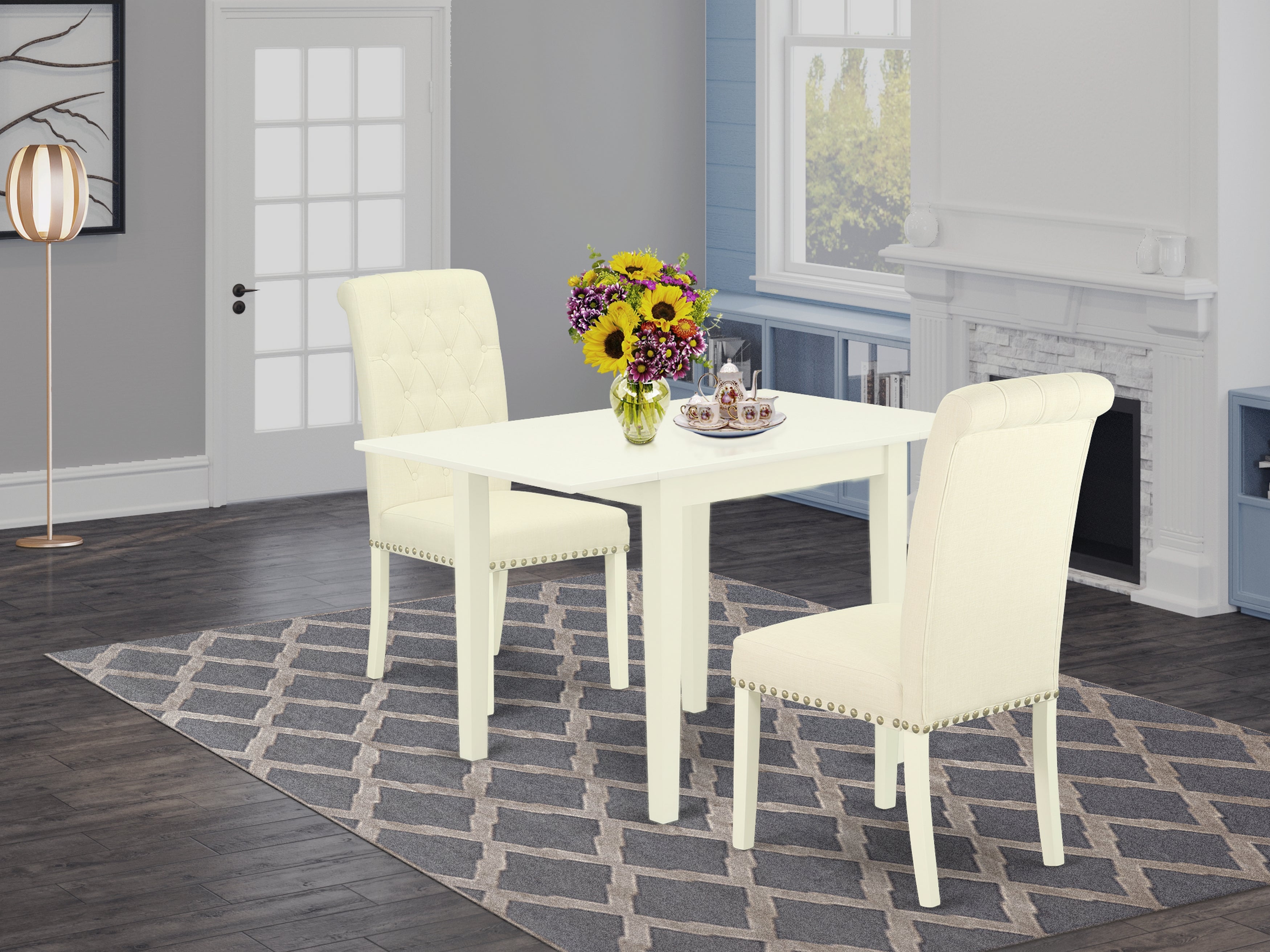 East West Furniture NDBR3-LWH-02 Wooden Dining Table Set 3 Pc - Two Chairs For Dining Room and a kitchen Table - Linen White Finish Solid wood - Light Beige Color Linen Fabric