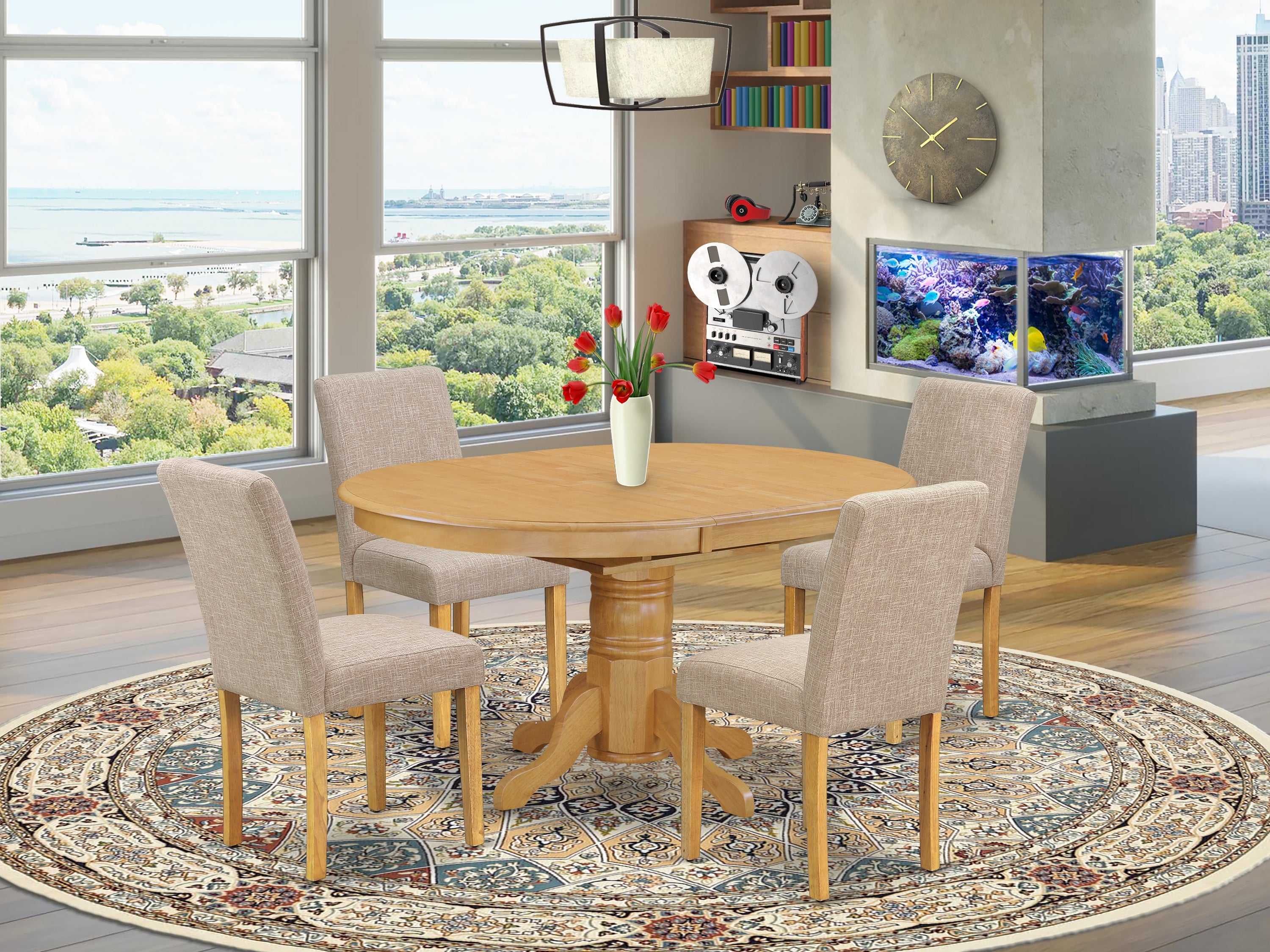 AVAB5-OAK-04 5Pc Oval 42/60" Table With 18 In Self Storing Butterfly Leaf And 4 Parson Chair With Oak Leg And Linen Fabric Light Fawn