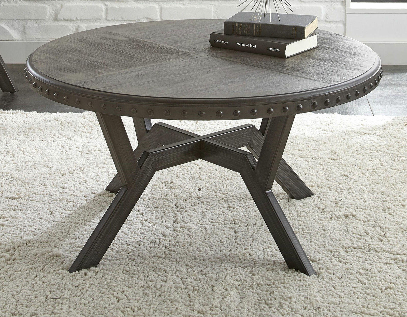 Rustic Alamo Round Cocktail Coffee Table With Nailhead Trim in Weathered Grey