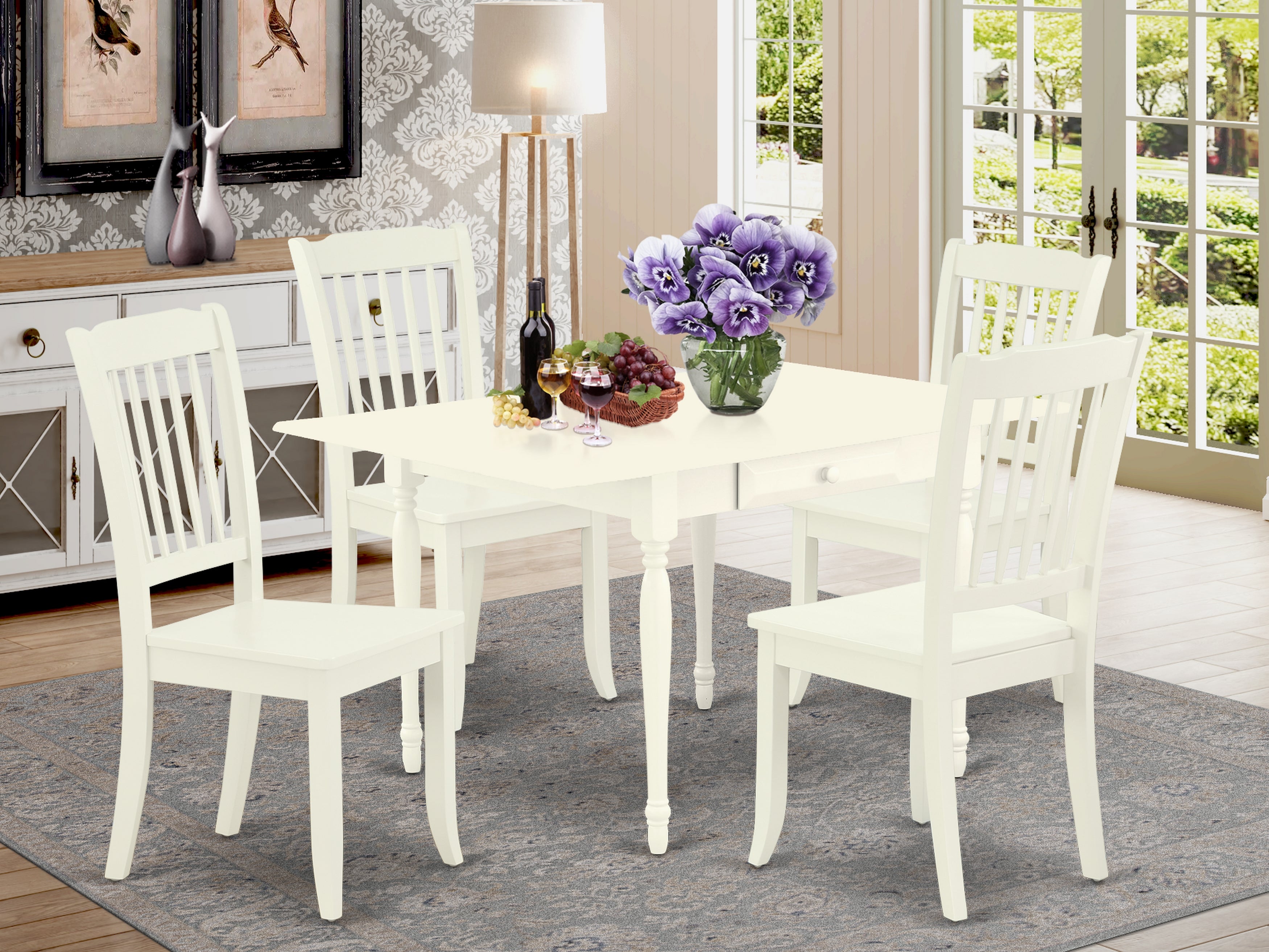 East West Furniture MZDA5-LWH-W 5Pc Modern Dining Table Set Includes a Wood Table and 4 Modern Dining Chairs with Solid Wood Seat, Drop Leaf Table with Slat Back Chairs, Linen White Finish