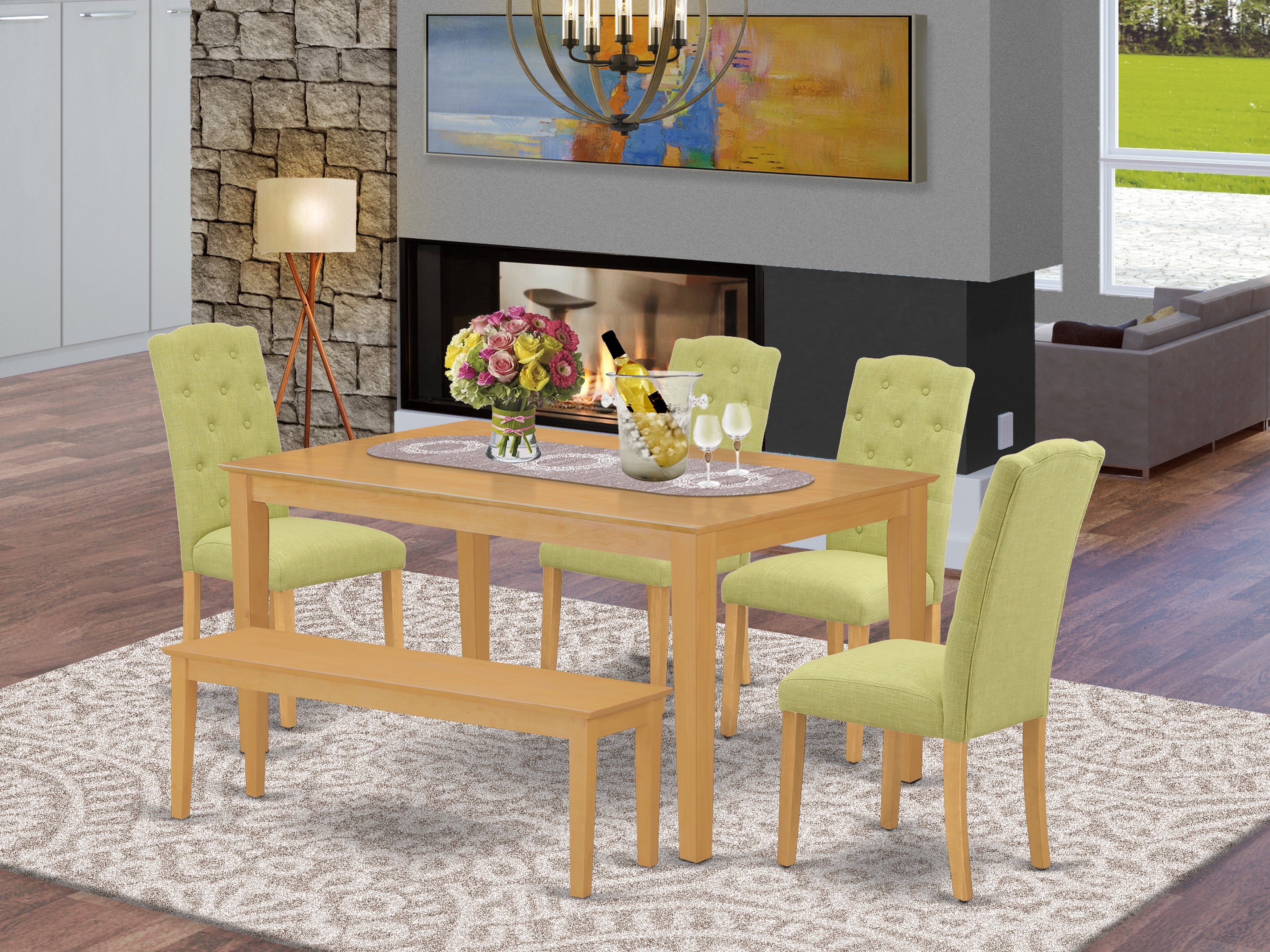 CACE6-OAK-07 6Pc Dining Set Includes a Rectangle Dinette Table and Four Parson Chairs with Lime Green Fabric and a Bench, Oak Finish