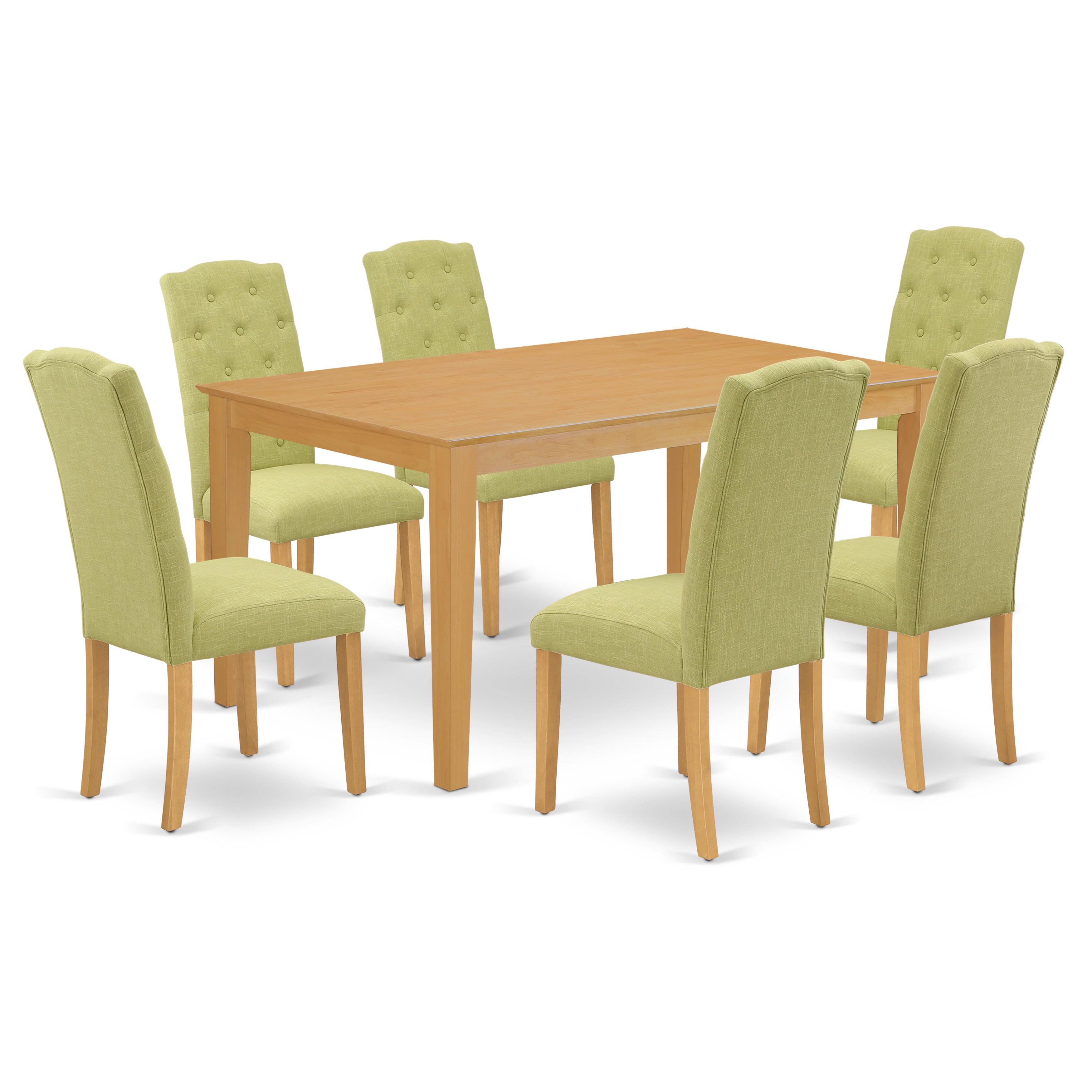 CACE7-OAK-07 7Pc Dinette Set Includes a Rectangular Kitchen Table and Six Parson Chairs with Lime Green Fabric, Oak Finish