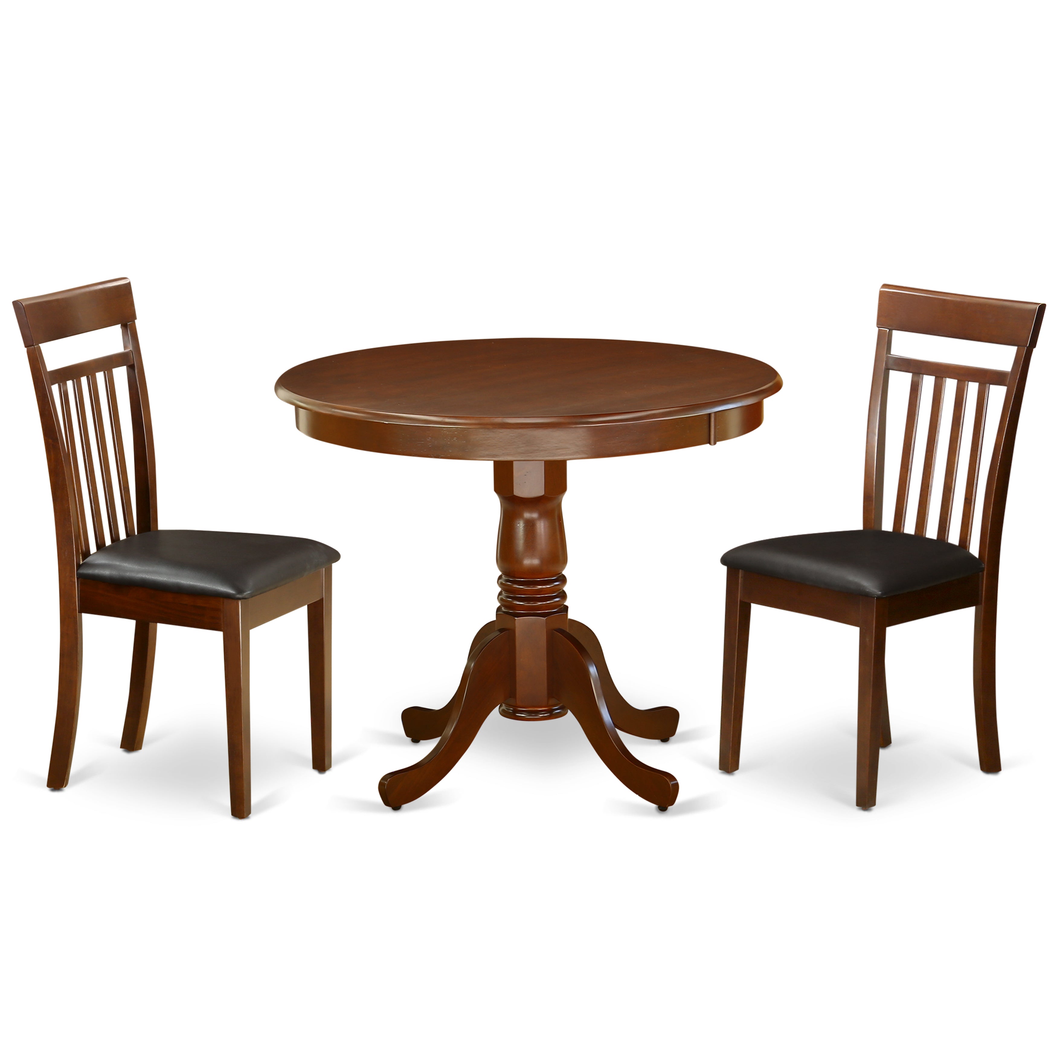 ANCA3-MAH-LC 3Pc Rounded 36 Inch Kitchen Table And Two Faux Leather Seat Kitchen Chairs