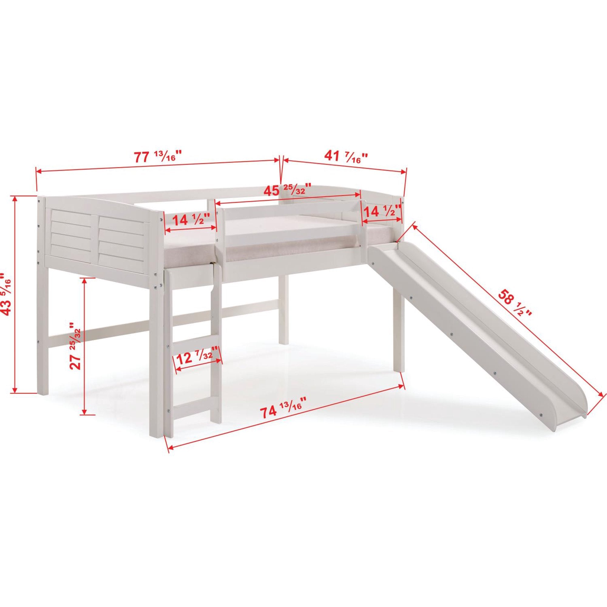 Twin Size Louver Low Loft in White with Slide, Drawer Chest & Bookcase