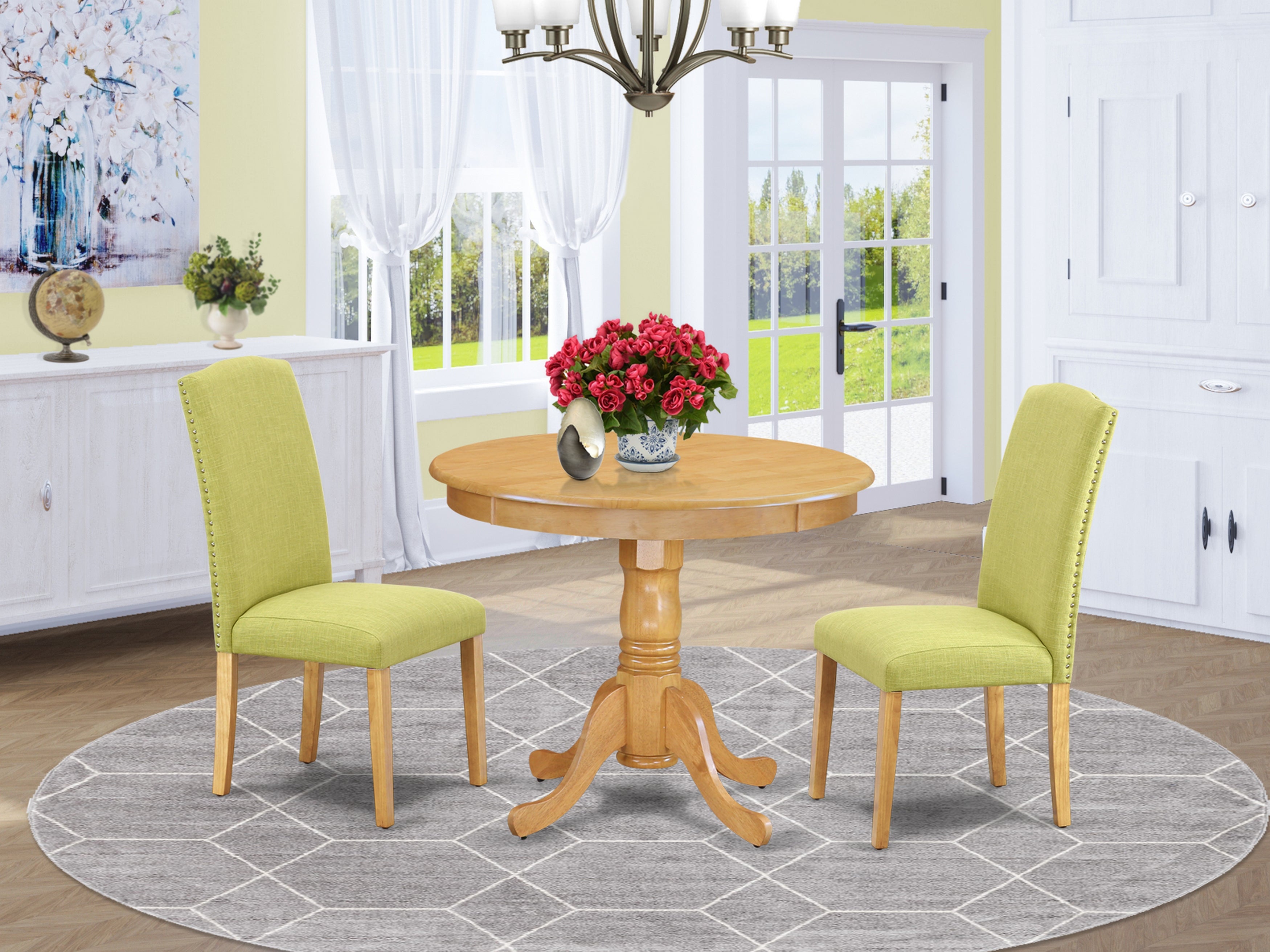 ANEN3-OAK-07 3Pc Rounded 36 Inch Dining Table And 2 Parson Chair With Oak Leg And Linen Fabric Limelight