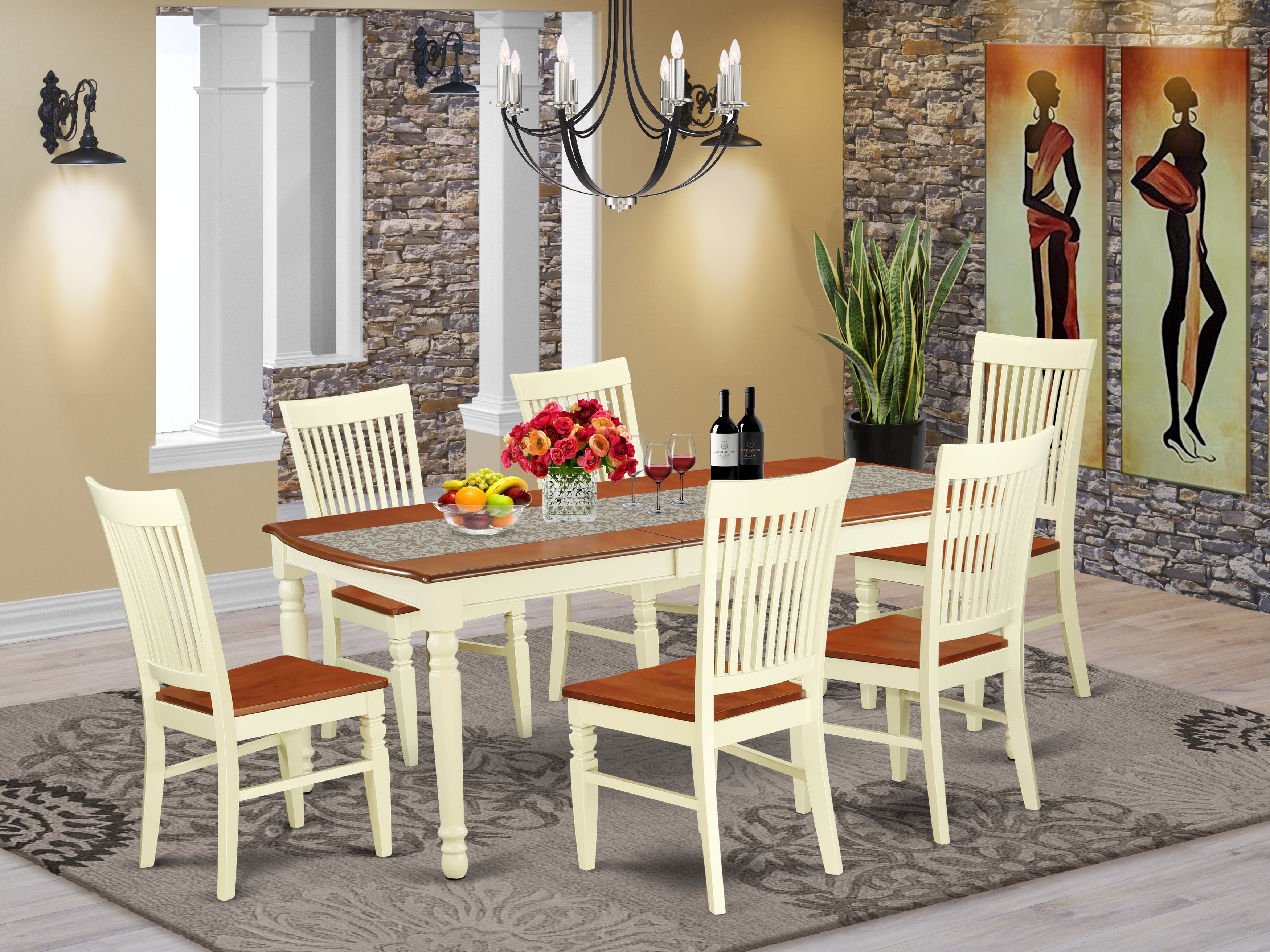 DOWE7-BMK-W 7 Pc Kitchen table set with a Dining Table and 6 Dining Chairs in Buttermilk and Cherry