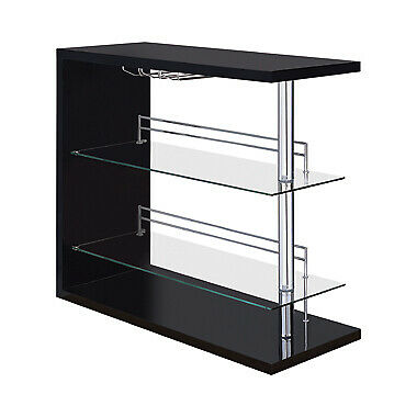 Coaster Modern Pub Home Glossy Black Bar Table Unit Glass Shelves Wine Rack