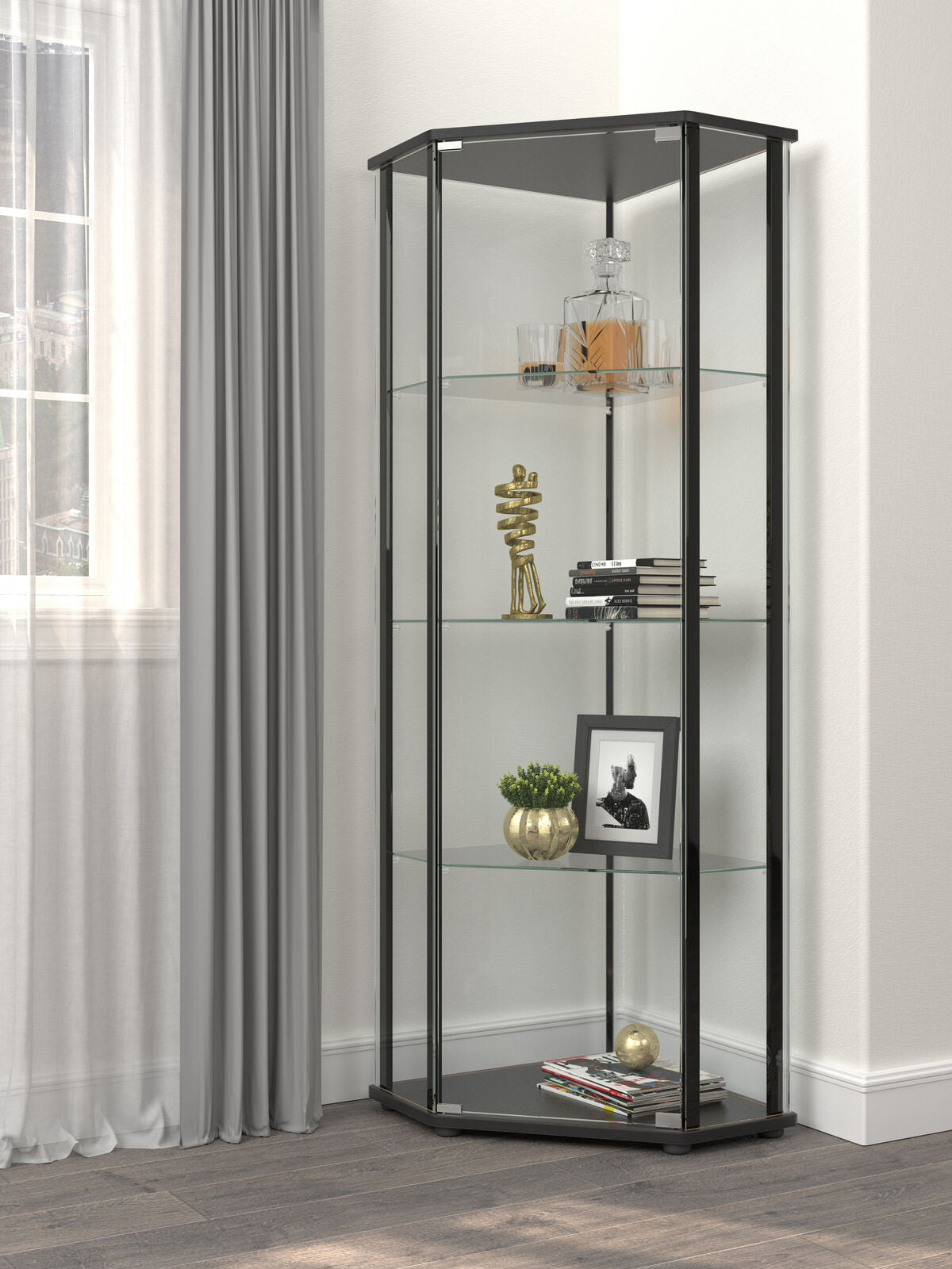 Zenobia 4-Shelf Glass Triangular Shape Curio Display Cabinet Tower Black Clear