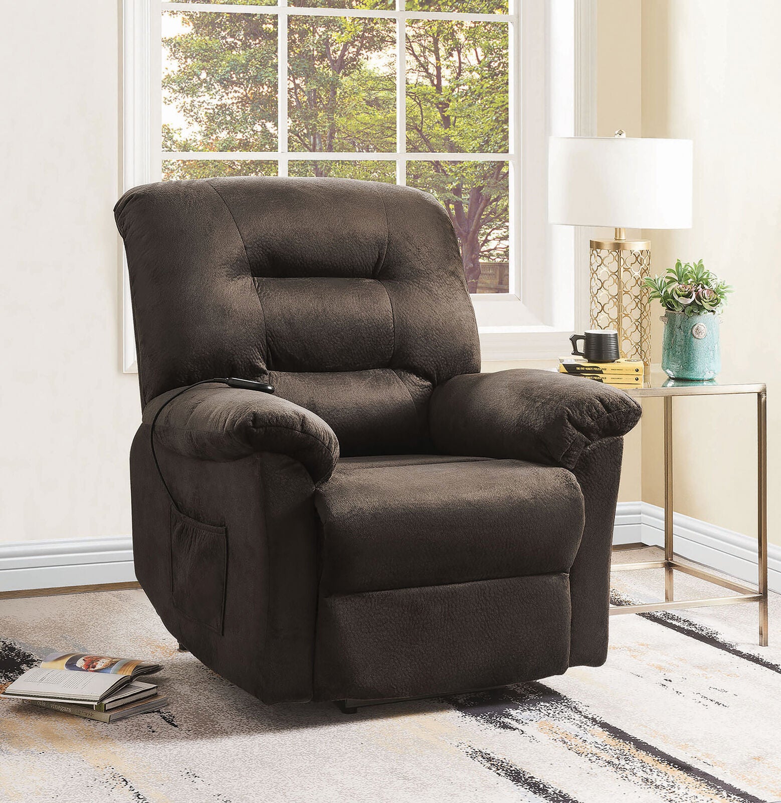 Coaster Velvet Upholstered Power Lift Recliner Chocolate 601026