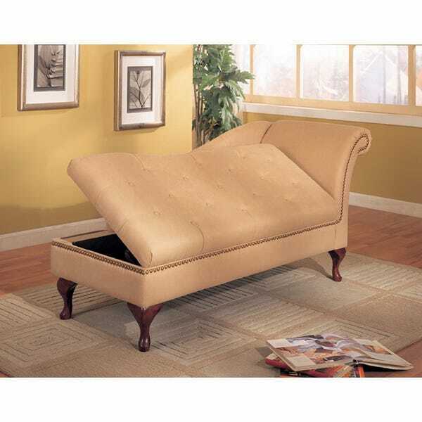 Tan Microfiber Chaise Lounge Lounger with Flip Open Seat Storage