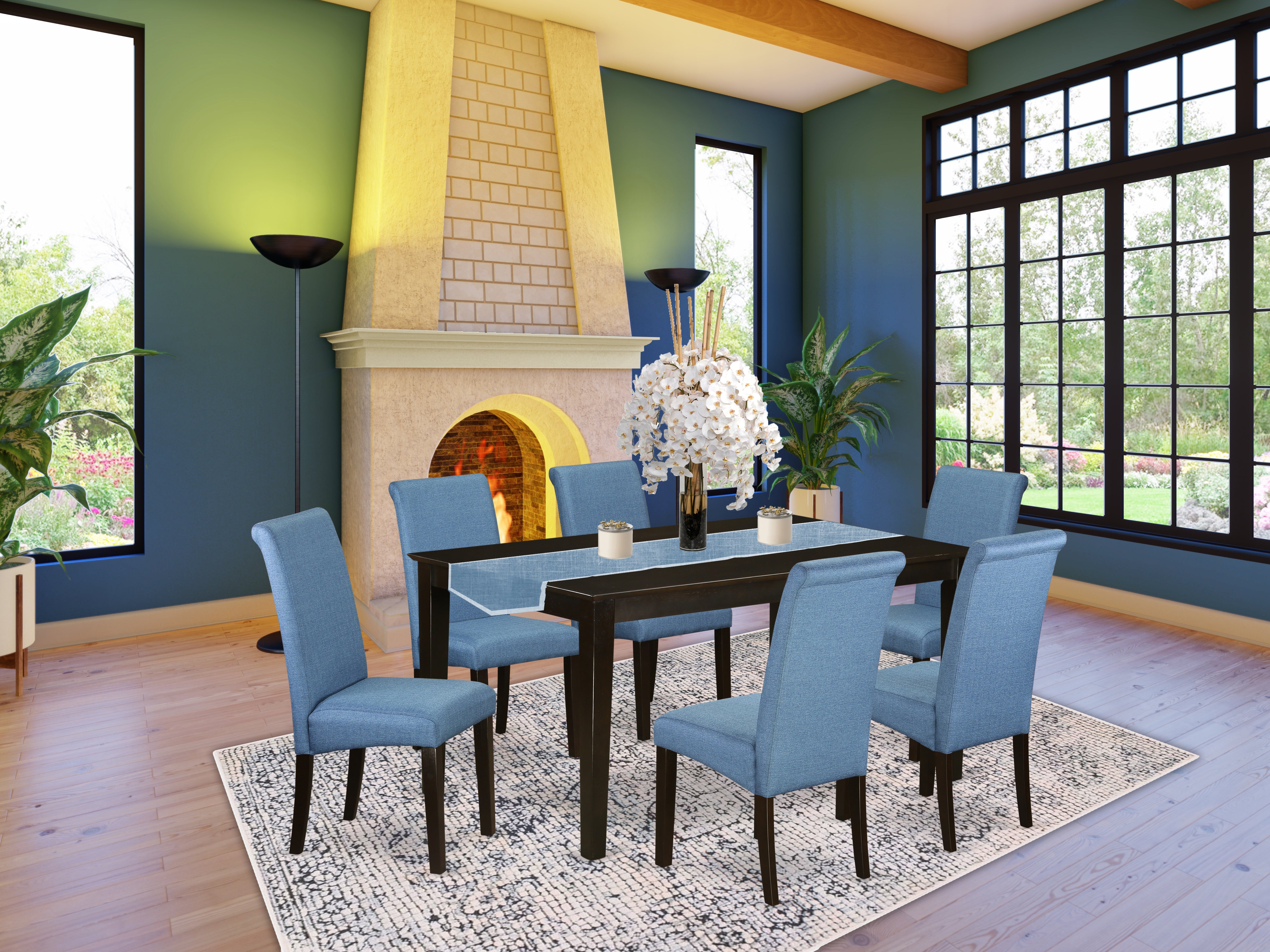 CABA7-CAP-21 7Pc Kitchen table with linen Blue fabric Parson chairs with cappuccino chair legs