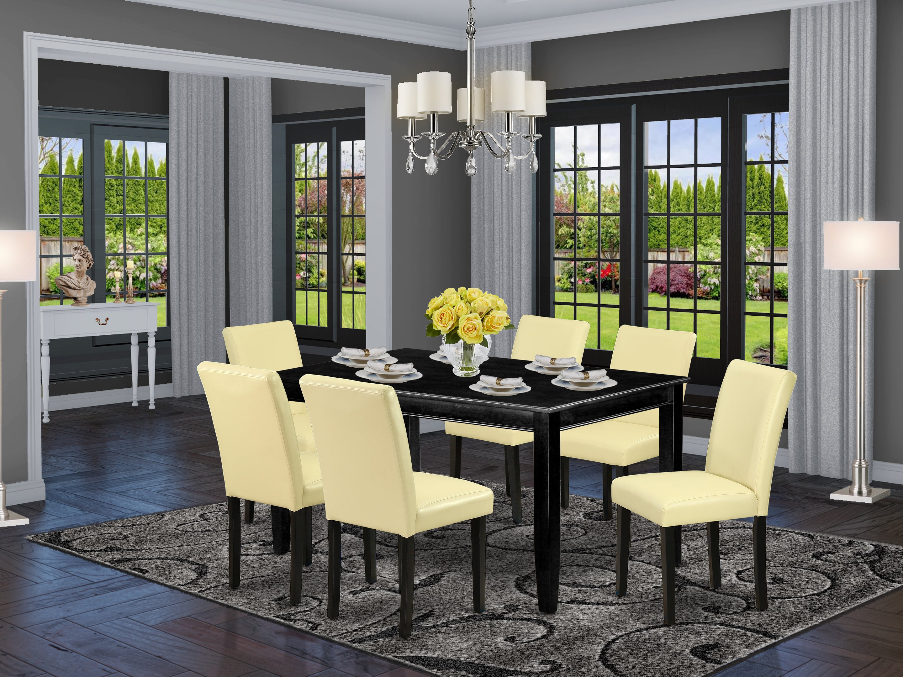 DUAB7-BLK-73 7Pc Rectangular 60 Inch Dining Table And Six Parson Chair With Black Leg And Pu Leather Color Eggnog