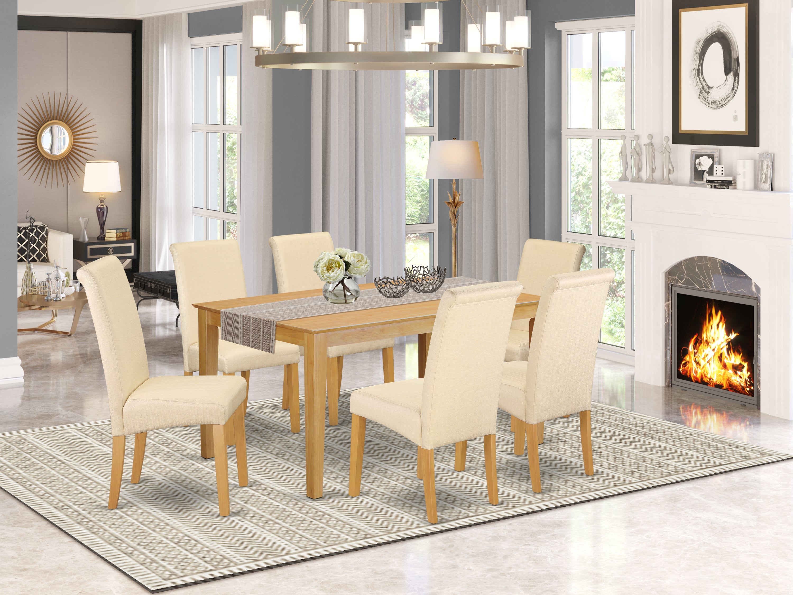 CABA7-OAK-02 7Pc Dining Room table with linen beige fabric Parson chairs with oak chair legs