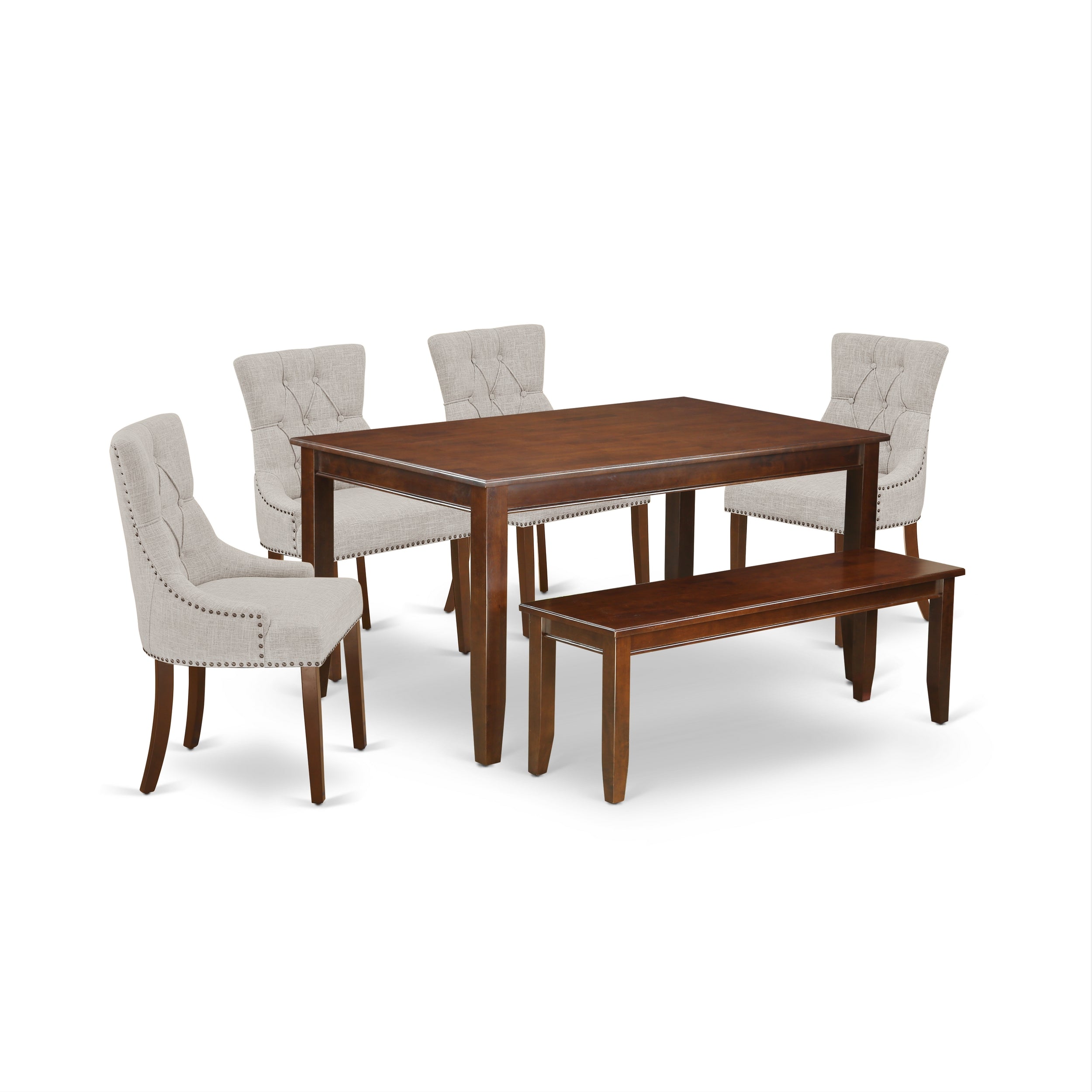 CAFR6-MAH-05 6Pc Dining Set Includes a Rectangle Dinette Table, Four Parson Chairs with Doeskin Fabric and a Bench, Mahogany Finish