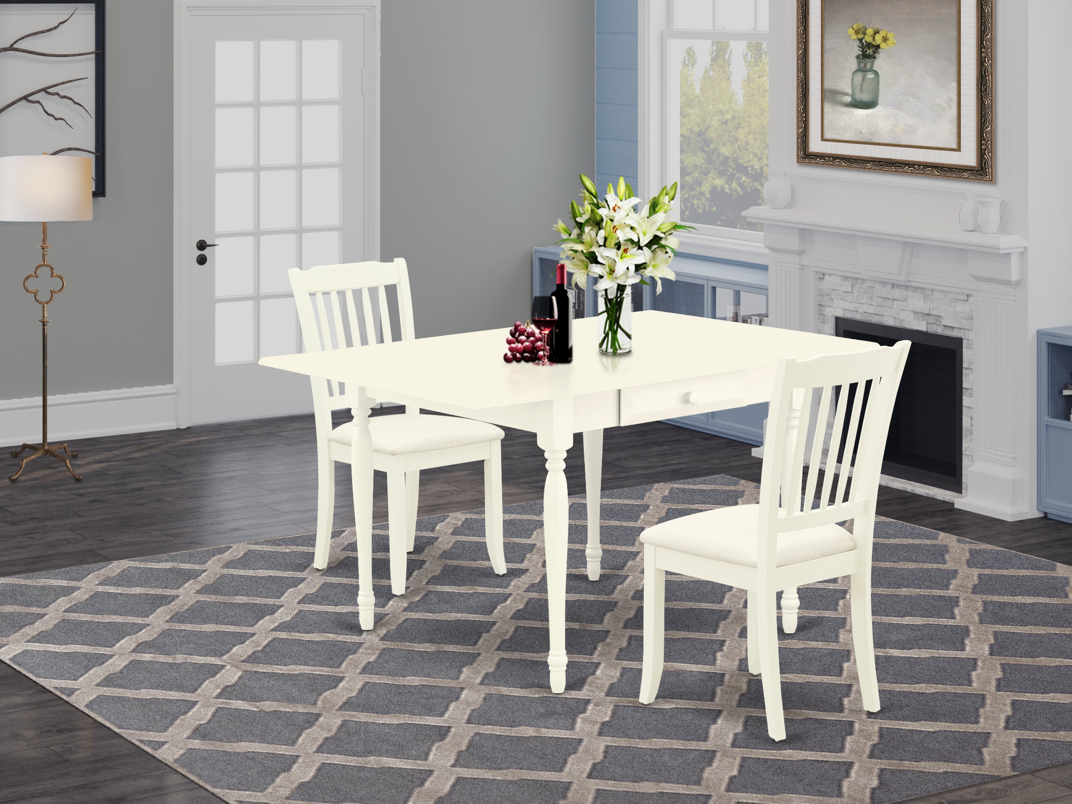 East West Furniture MZDA3-LWH-C 3Pc Dining Room Table Set Contains a Dining Table and 2 Dining Room Chairs with Microfiber Upholstery Seat, Drop Leaf Table with Slat Back Chairs, Linen White Finish