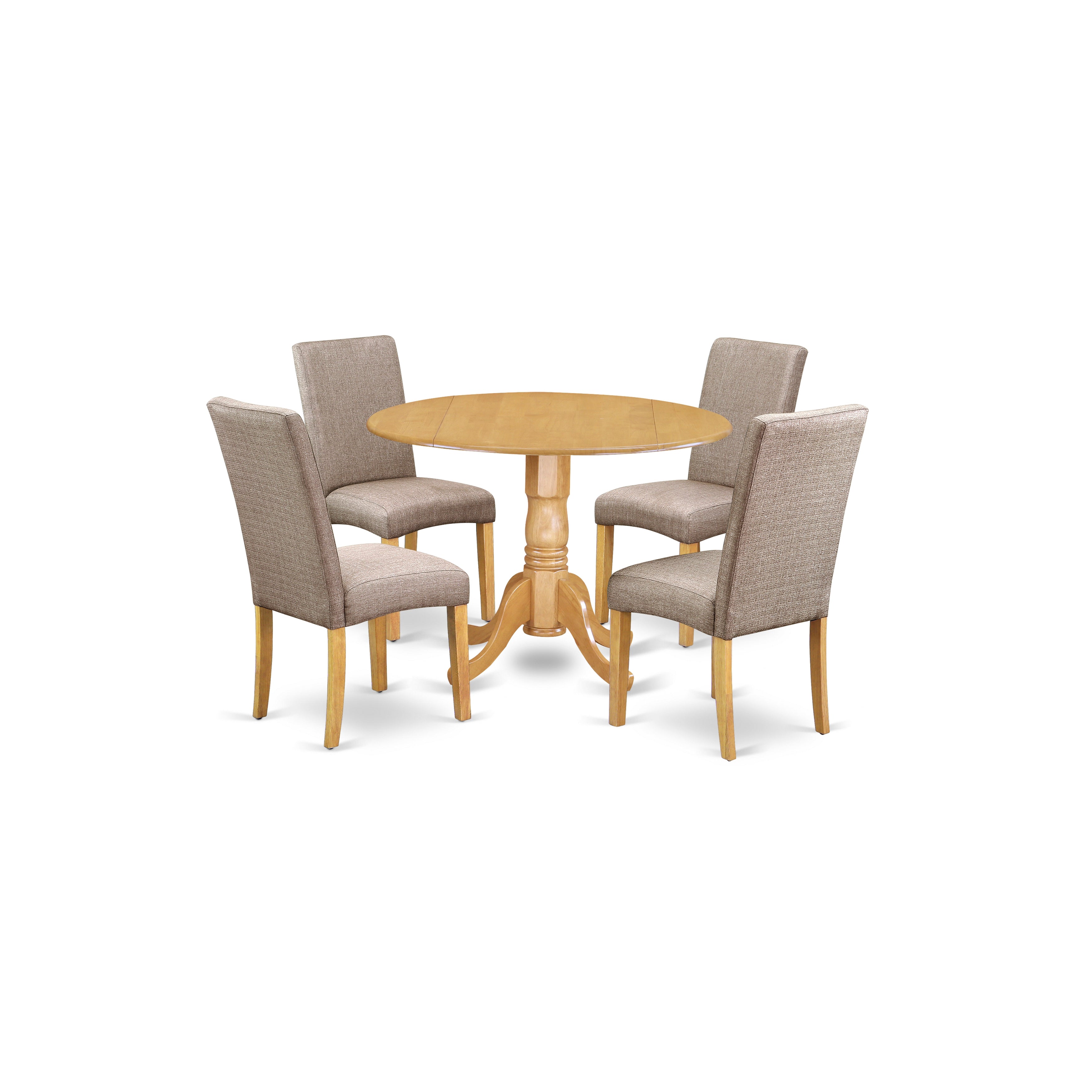DLDR5-OAK-16 5Pc Round 42" Kitchen Table With Two 9-Inch Drop Leaves And Four Parson Chair With Oak Finish Leg And Linen Fabric- Dark Khaki Color