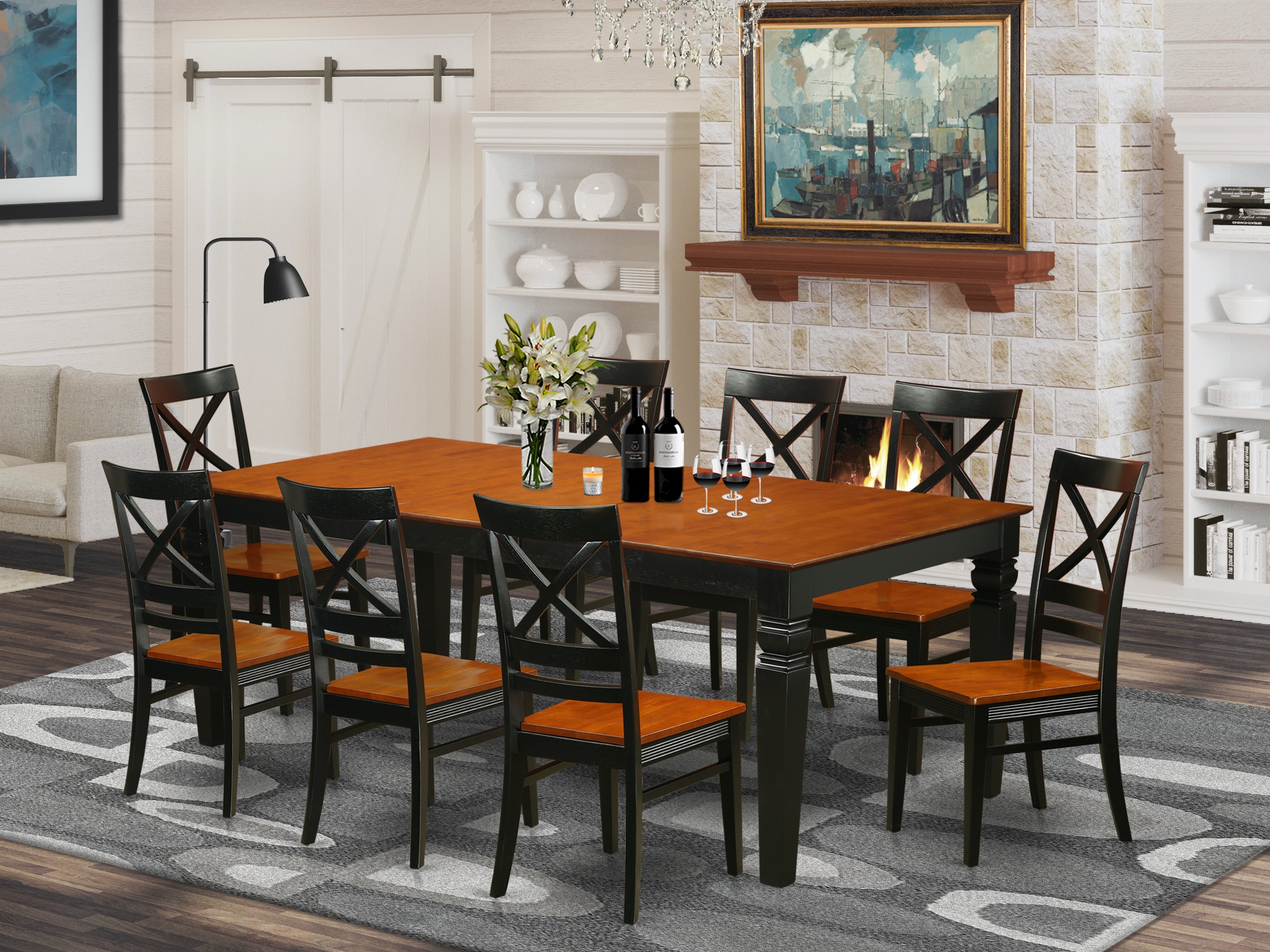 LGQU9-BCH-W 9 PcKitchen Table set with a Dining Table and 8 Kitchen Chairs in Black and Cherry