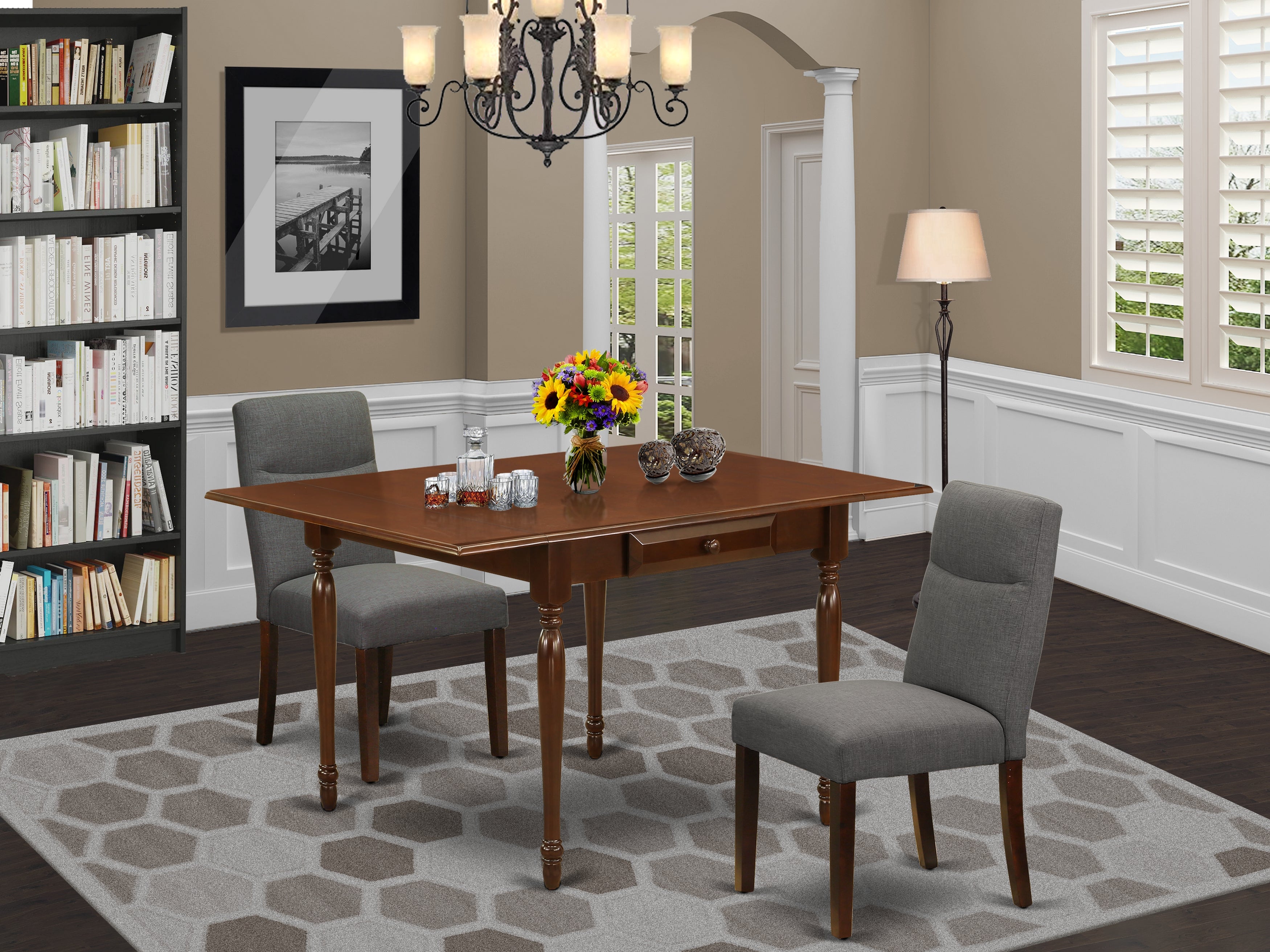 East West Furniture MZBE3-MAH-06 3Pc Dining Room Table Set Includes a Small Kitchen Table and 2 Upholstered Dining Chairs with Shitake Color Linen Fabric, Drop Leaf Table with Full Back Chairs, Mahogany Finish