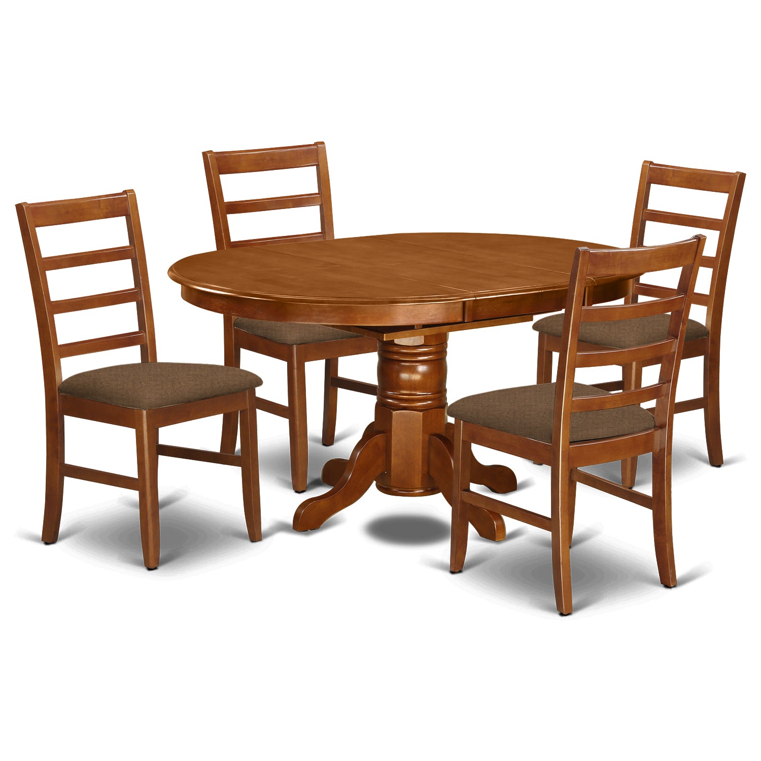 AVPF5-SBR-C 5 Pc set Avon Table featuring Leaf and 4 Cushiad Dinette Chairs in Saddle Brown