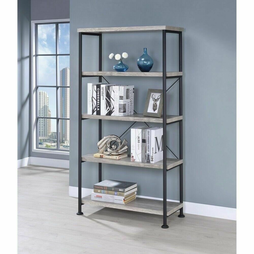 Analiese Wood And Metal 4-Shelf Open Bookcase Grey Driftwood 801546