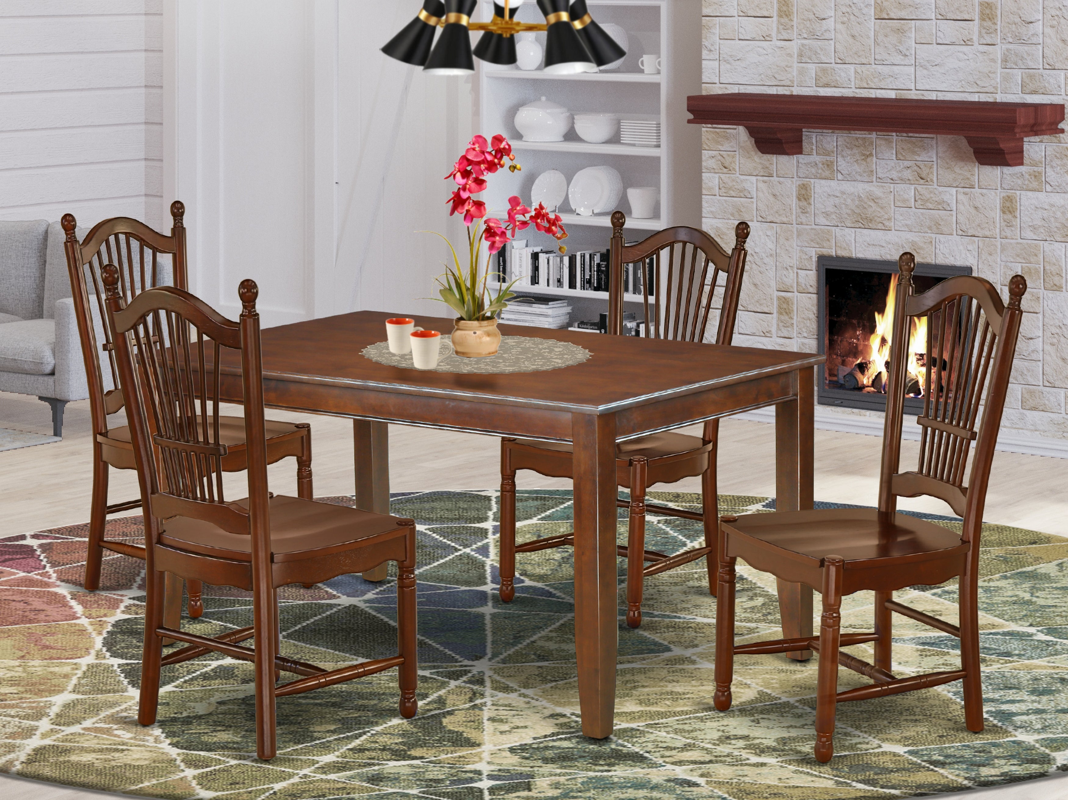 DUDO5-MAH-W 5Pc Rectangle 60" Dining Table And Four Wood Seat Chairs