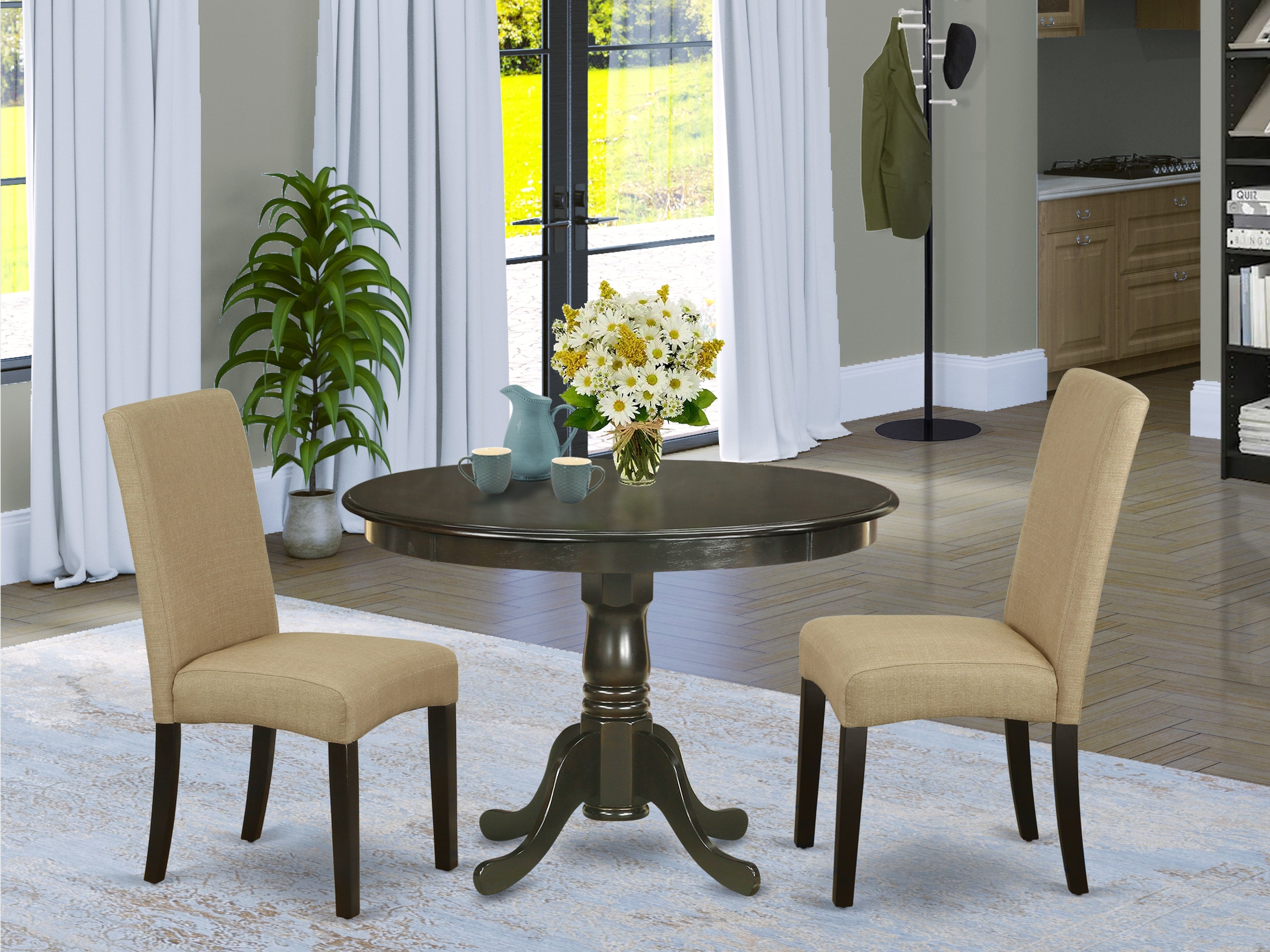 HLDR3-CAP-03 3Pc Round 42" Dining Table And Two Parson Chair With Cappuccino Finish Leg And Linen Fabric- Brown Color