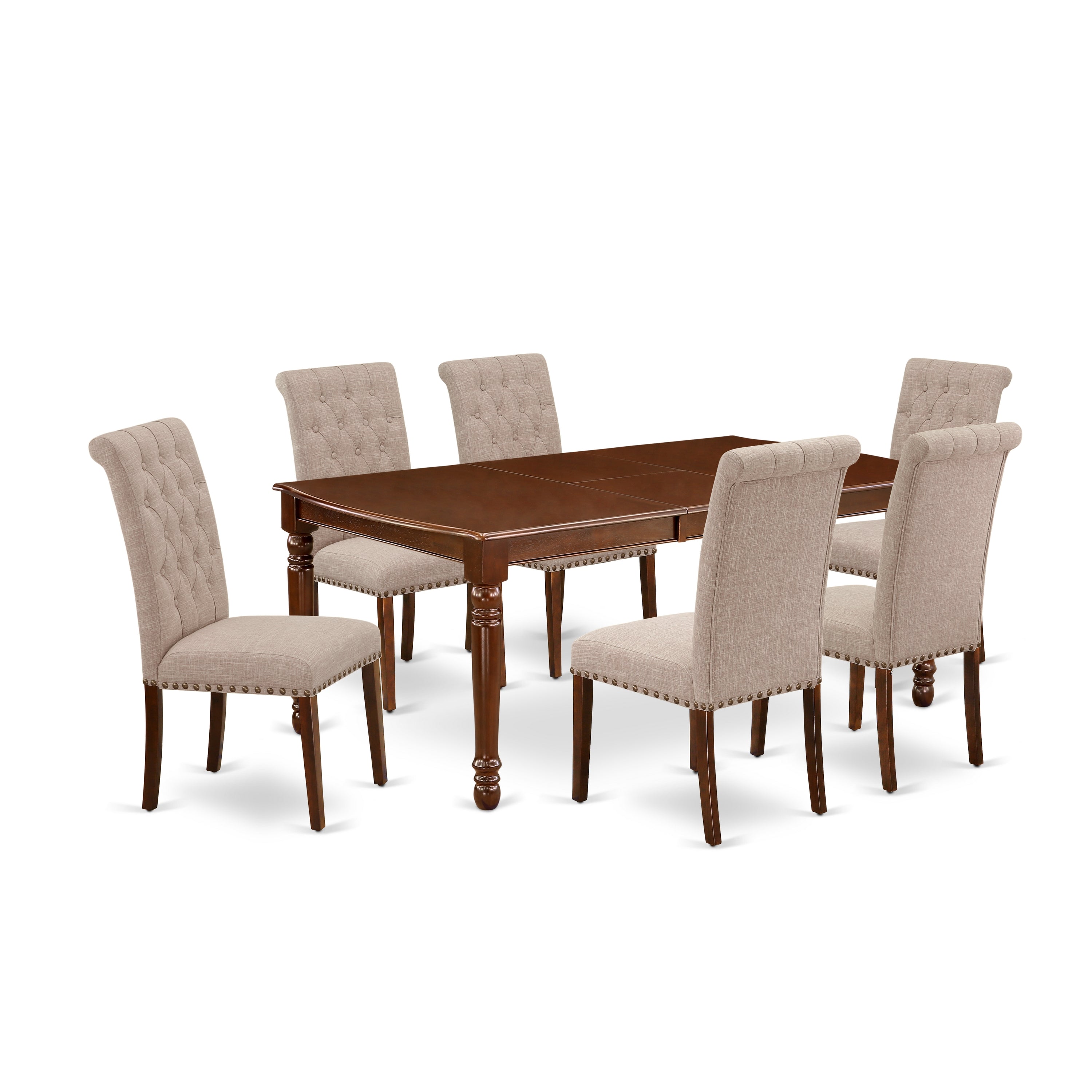DOBR7-MAH-04 7Pc Dinette Set Includes a Rectangular Kitchen Table with Butterfly Leaf and Six Parson Chairs with Light Fawn Fabric, Mahogany Finish