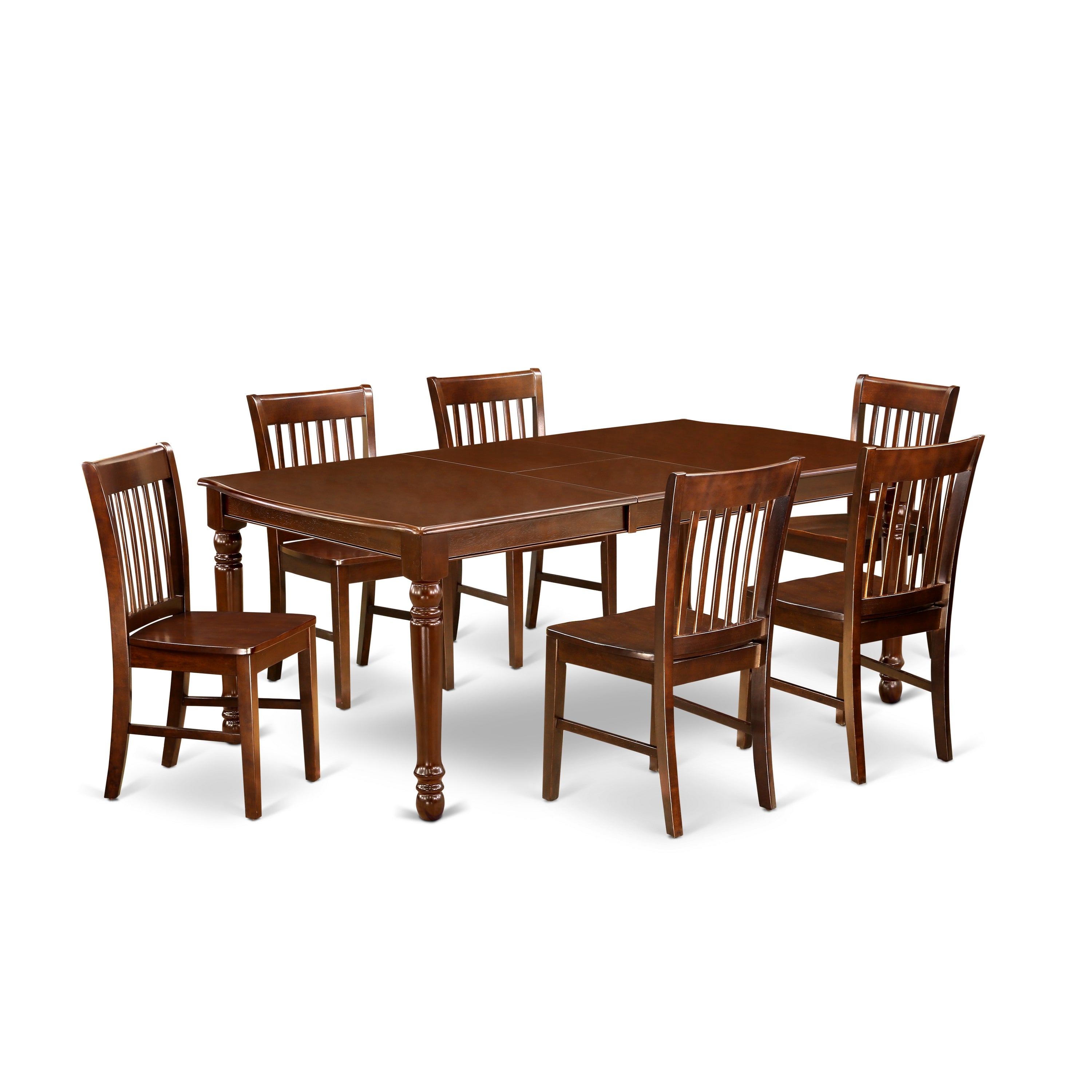 DONO7-MAH-W 7Pc Rectangle 60/78" Dining Room Table With 18 In Leaf And 6 Wood Seat Kitchen Chairs