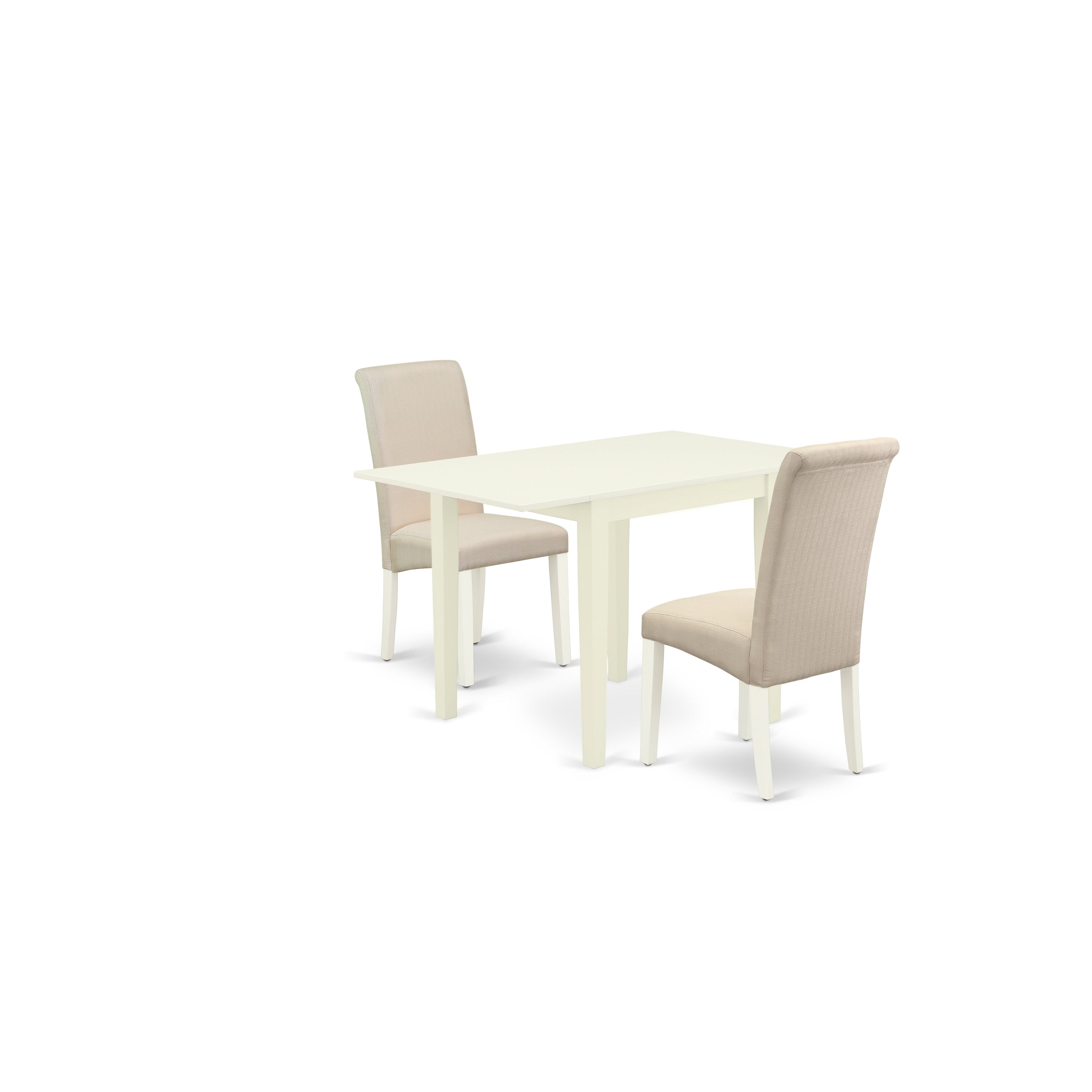 East West Furniture NDBA3-LWH-01 Modern Dining Table Set 3 Pc - Two Dining Room Chairs and a Dining Room Table - Linen White Finish Solid Wood - Cream Color Linen Fabric