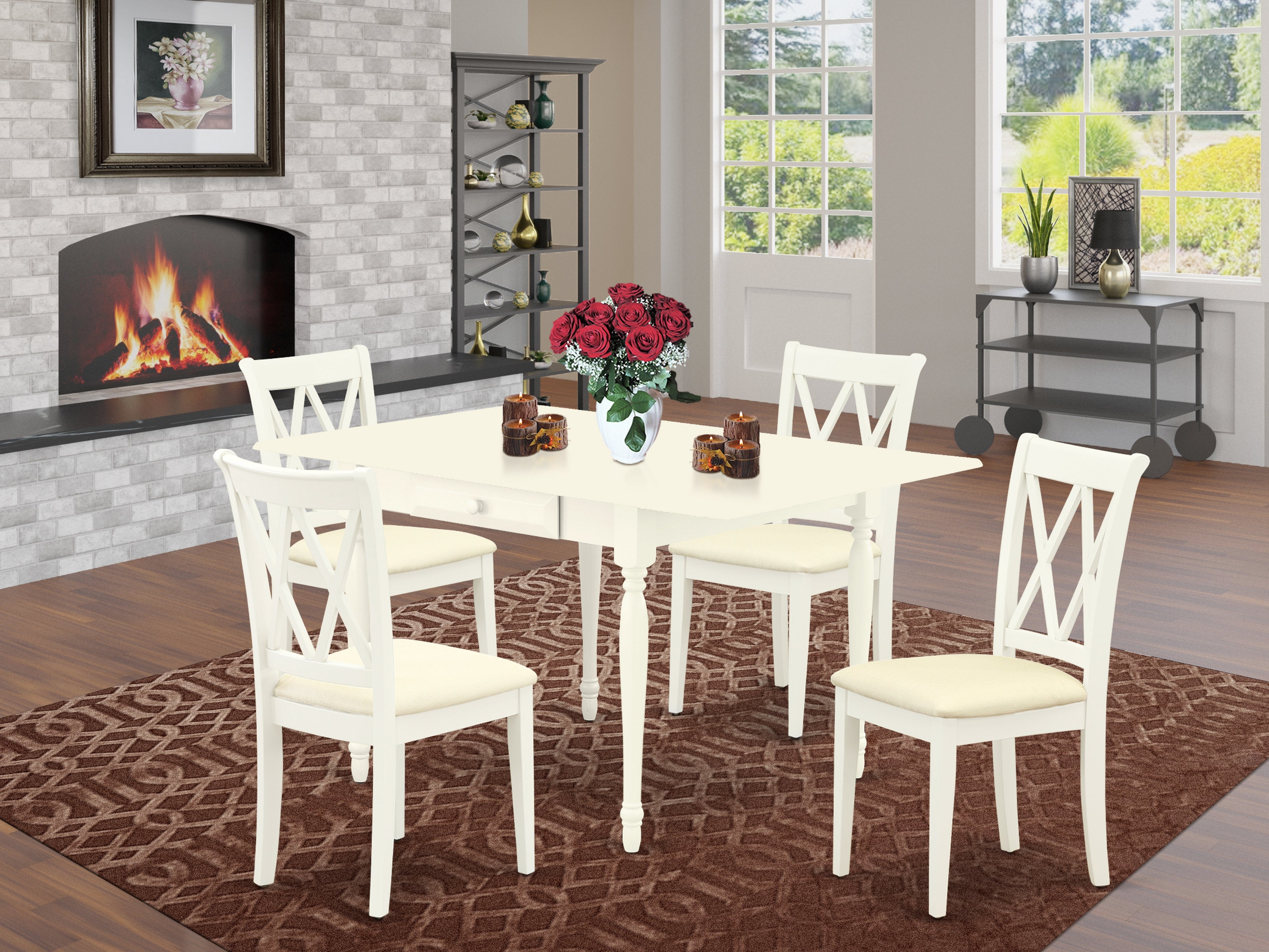 East West Furniture MZCL5-LWH-C 5Pc Kitchen Table Set Includes a Kitchen Table and 4 Modern Dining Chairs with Microfiber Upholstery Seat, Drop Leaf Table with Double X Back Chairs, Linen White Finish