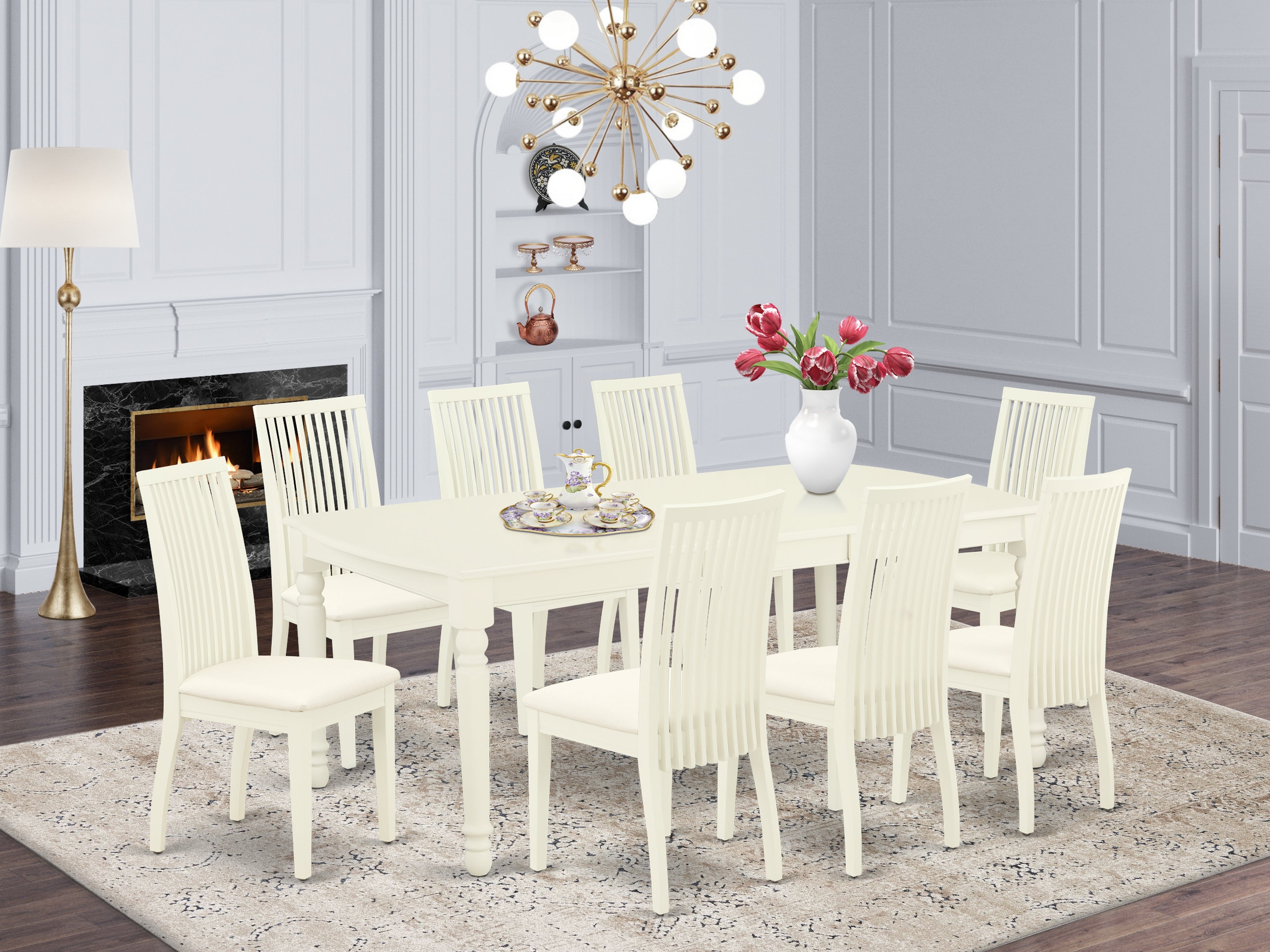 DOIP9-LWH-C 9Pc Dining Set Includes a Rectangle Dinette Table with Butterfly Leaf and Eight Microfiber Seat Dining Chairs, Linen White Finish