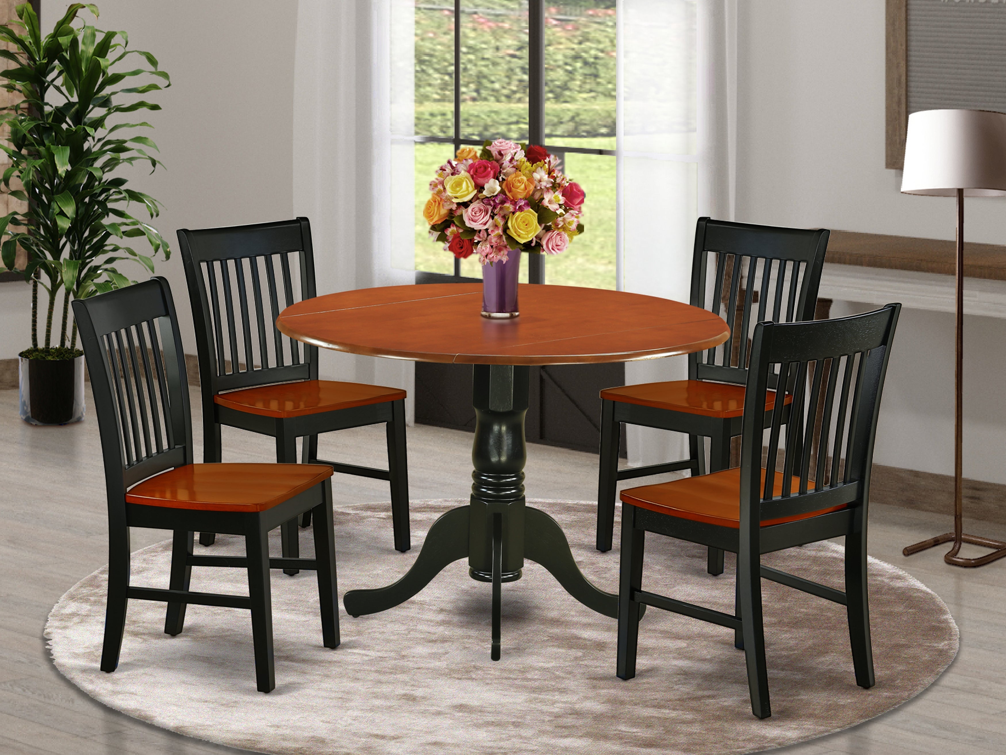 DLNO5-BCH-W 5Pc Rounded 42" Kitchen Table With Two 9-Inch Drop Leaves And Four Wood Seat Kitchen Chairs